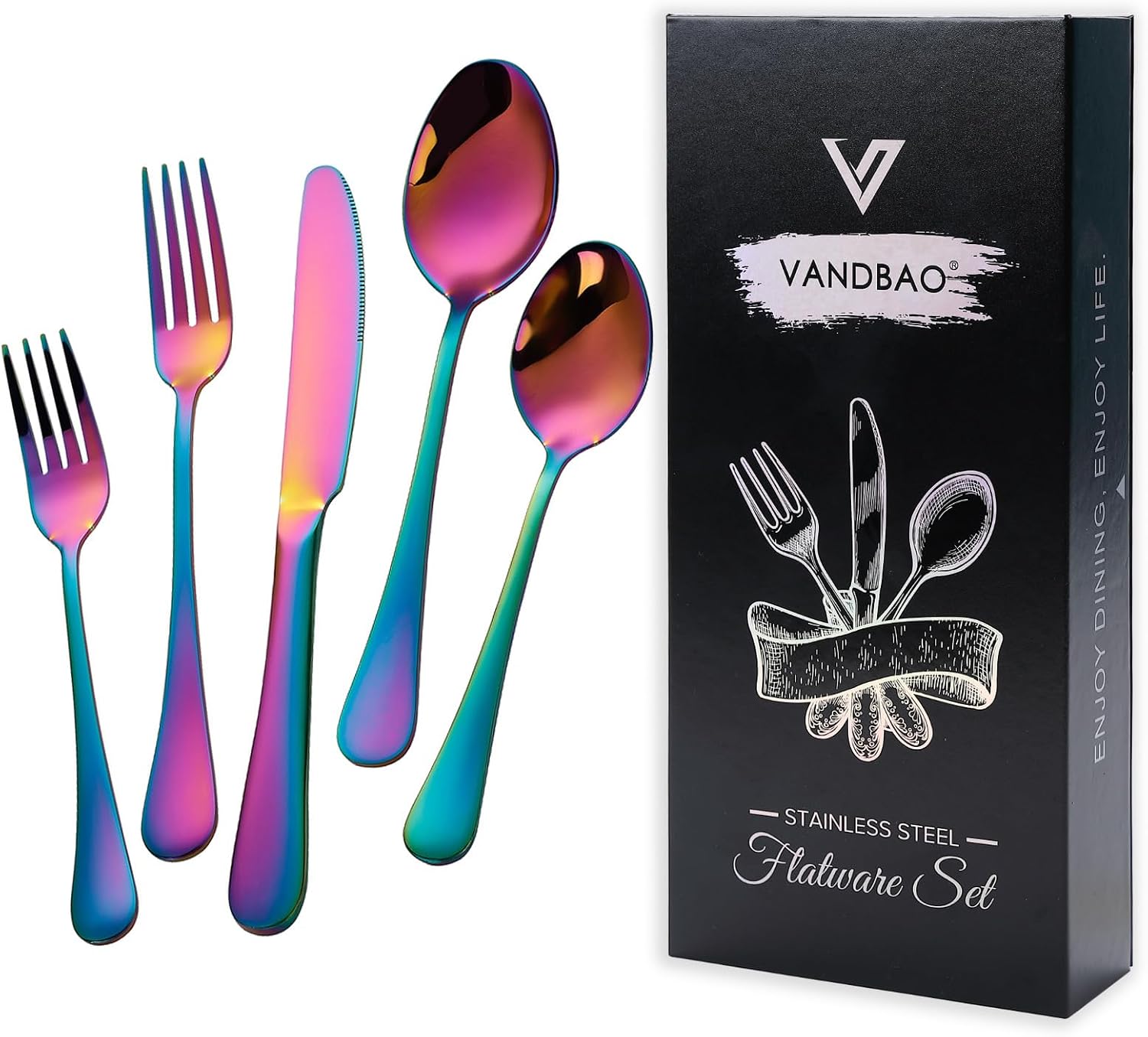 VANDBAO Rainbow Flatware Cutlery Silverware Set 20 Pieces, Stainless Steel Colorful Utensils, Tableware Set Service for 4, Include Knife/Fork/Spoon