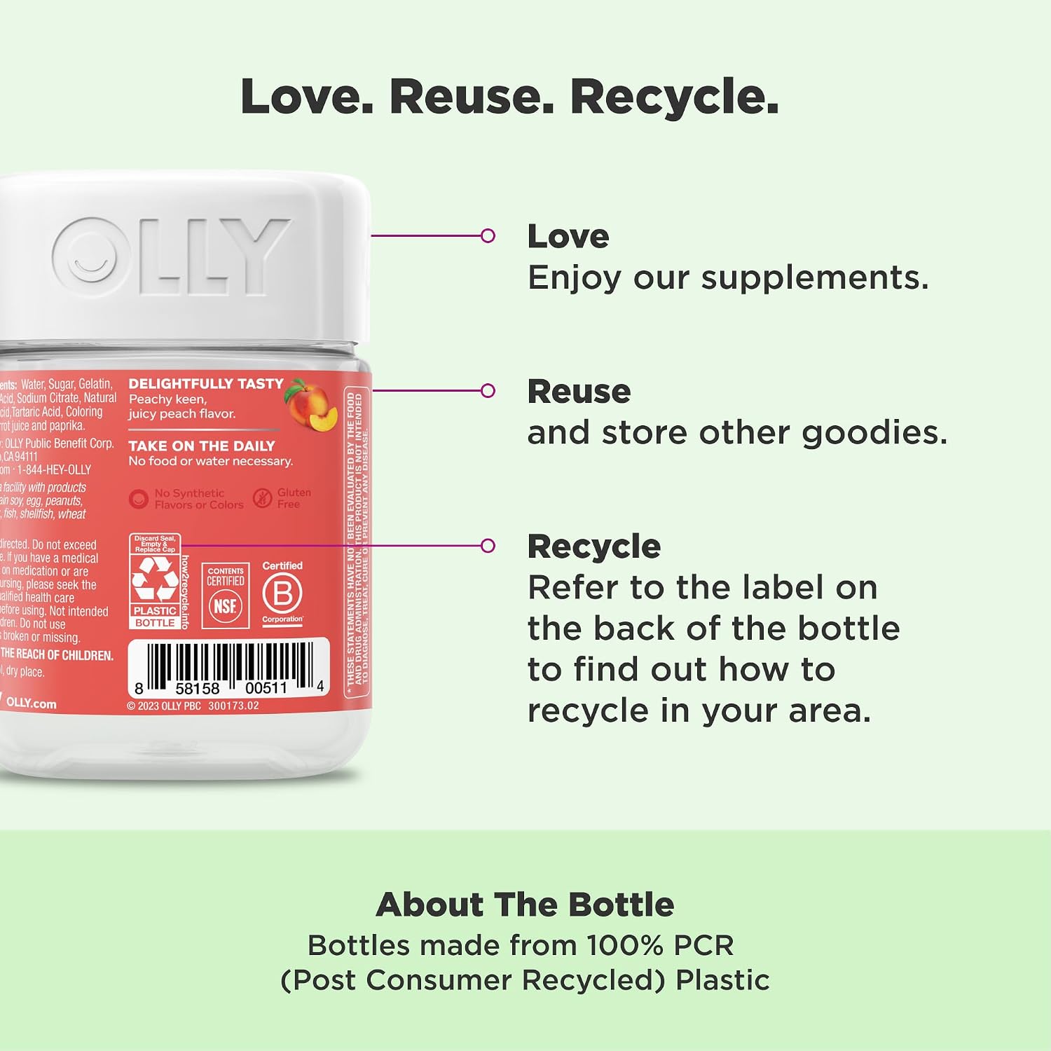 OLLY Probiotic + Prebiotic Gummy, 500 million CFUs, Peachy Peach - 30 Count