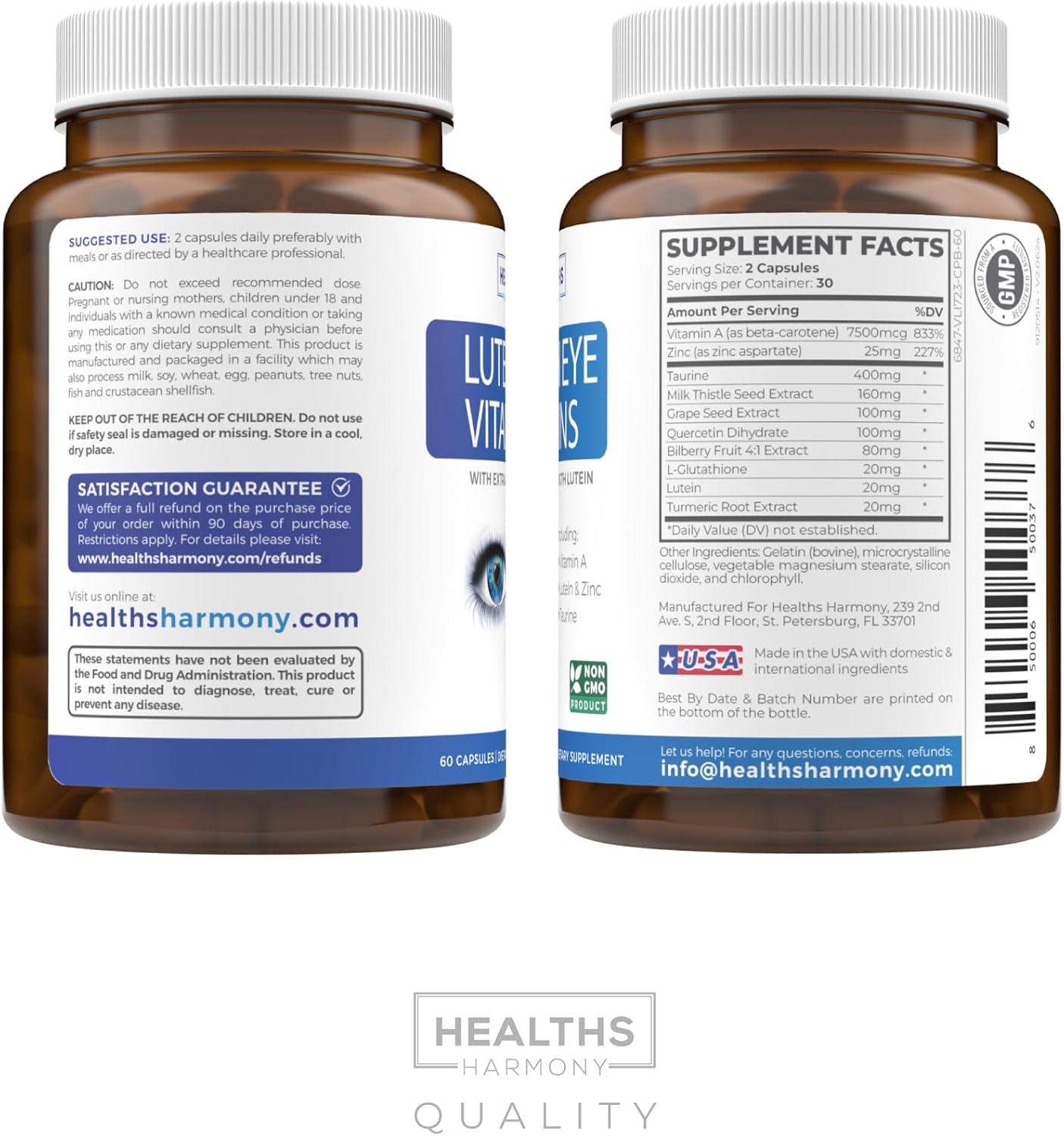 Lutein Eye Vitamins (Non-GMO) Vision Support Supplement for Tired and Dry Eyes - Maintain Vision Health with Zinc & Powerful Bilberry, Milk Thistle