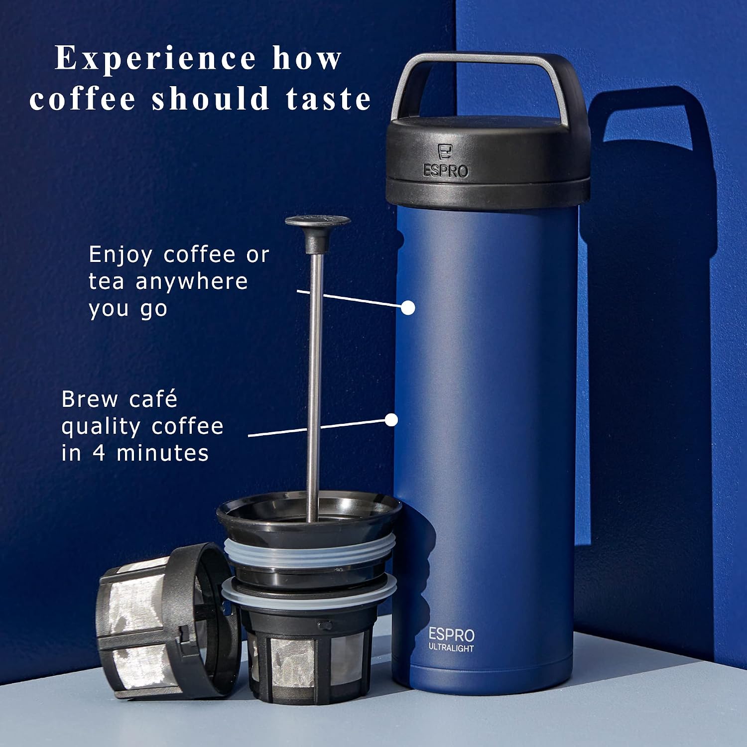 ESPRO Go P0 Ultralight French Press Coffee Maker for Travel, Vacuum Insulated Stainless Steel, 16 Ounces, Matte Meteorite Black