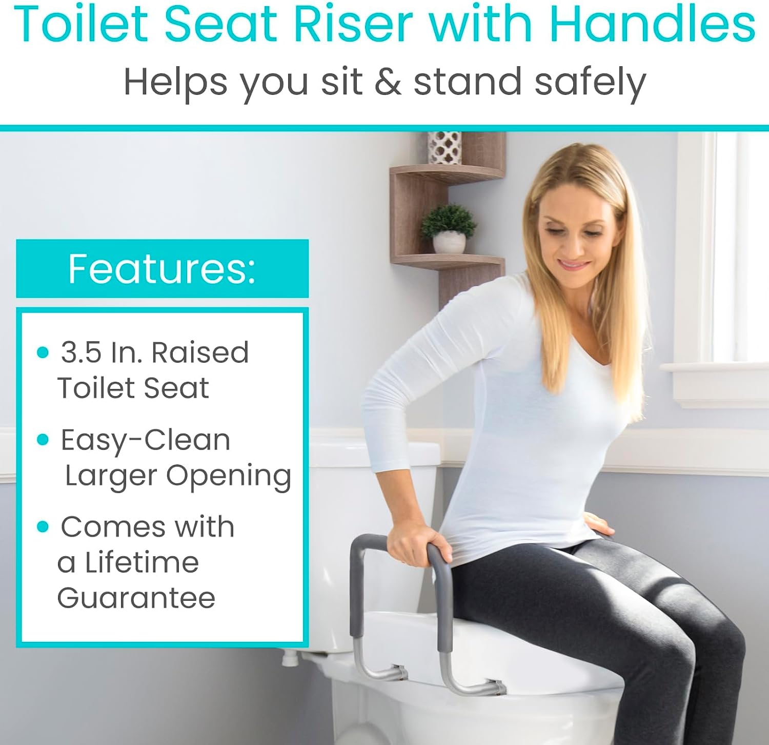 Vive Raised Toilet Seat Riser for Seniors (with Handles) - Handicap Rail | Grab Bar Seat for Over Toilet - Elevated Safety for Elderly, Disabled, Medical - Elongated