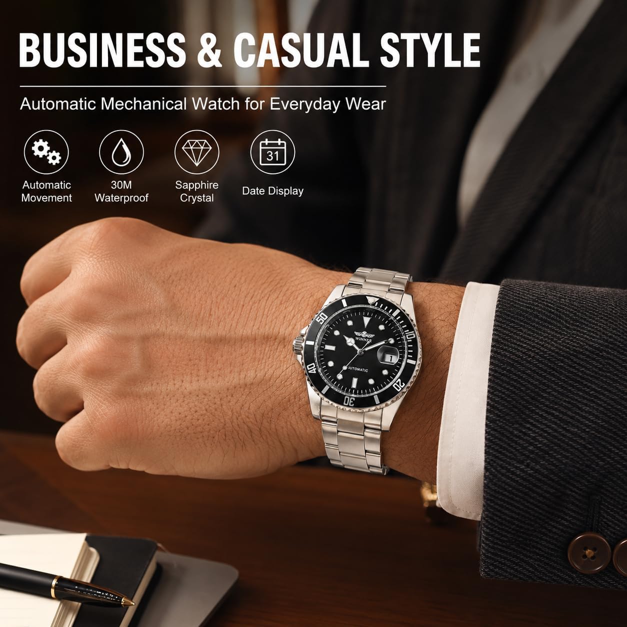 MASTOP Mens Automatic Mechanical Watches Stainless Steel Waterproof Luxury Watch for Men Reloj Automático para Hombre