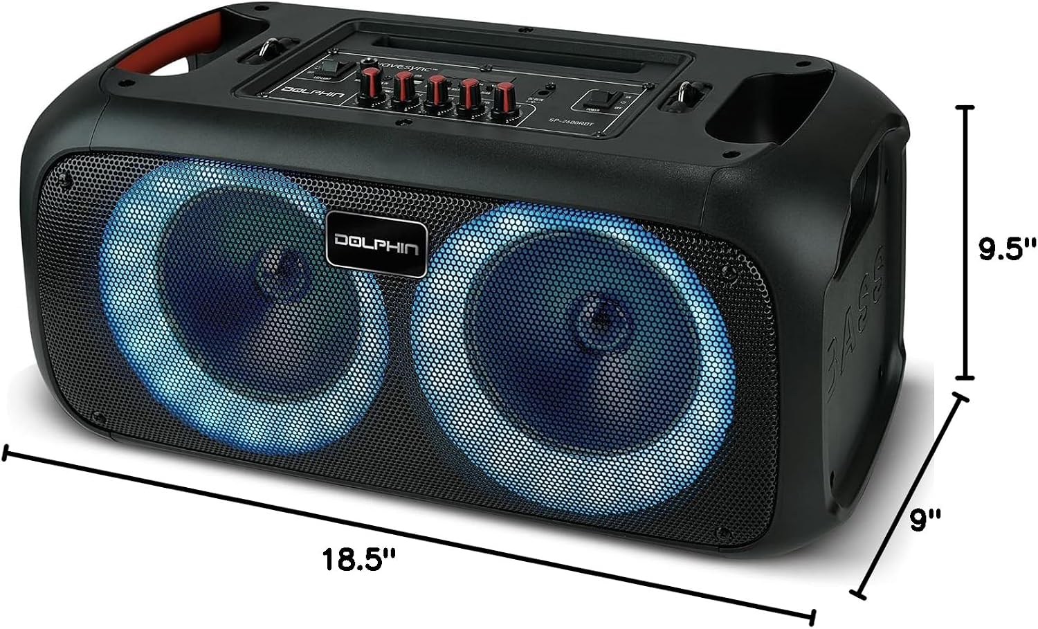 Dolphin Boombox Bluetooth Party Speaker with Wired Mic, Dual 6.5" Woofers | 1" Tweeter, WaveSync Pairing, LED Lights, USB/microSD/FM/AUX