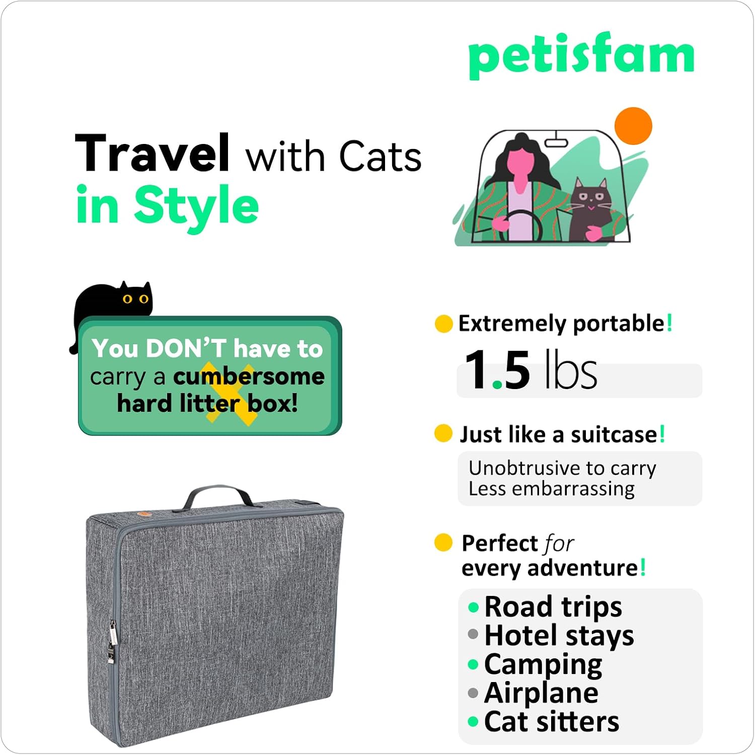 Portable Travel Litter Box for Cats with Lid to Contain Litter and Odor. Easy to Carry, Clean and Store. Easy for Car Travel, Hotle Stays