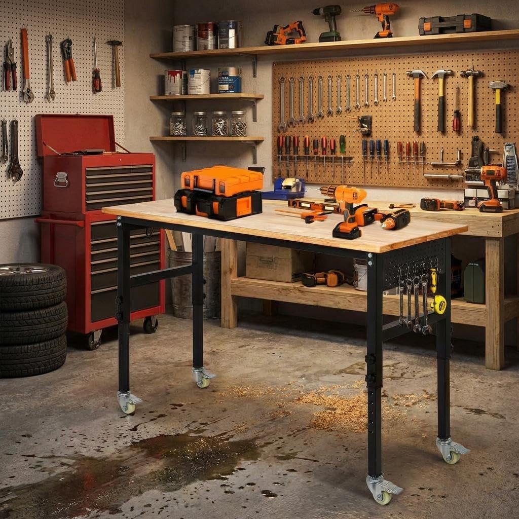 48" Adjustable Workbench, 8-Level Height Adjustable Rolling Work Table with Casters & Scale, Sit & Stand 2-in-1 Garage Tool Table with Pegboard & Hooks, for Workshop, Warehouse, DIY Projects