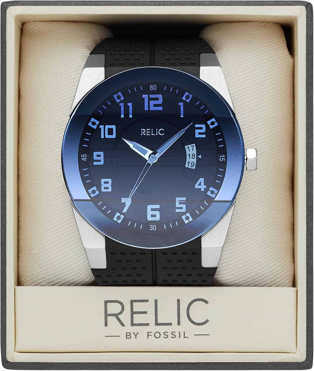 Relic by Fossil Men's Jake Three-Hand Day Date Watch, Silver Stainless Steel and Black Silicone Band Watch for Men