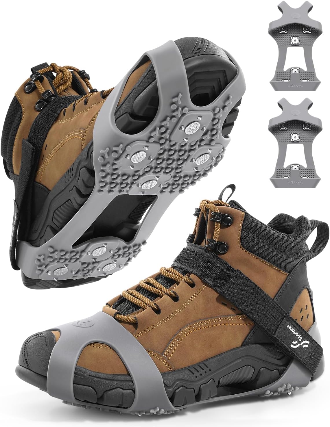 Sportneer Crampons： Ice Cleats for Shoes and Boots with 28 Spikes - Traction Slip-on Stretch Footwear for Walking and Shoveling on Ice and Snow - Lightweight for Women and Men