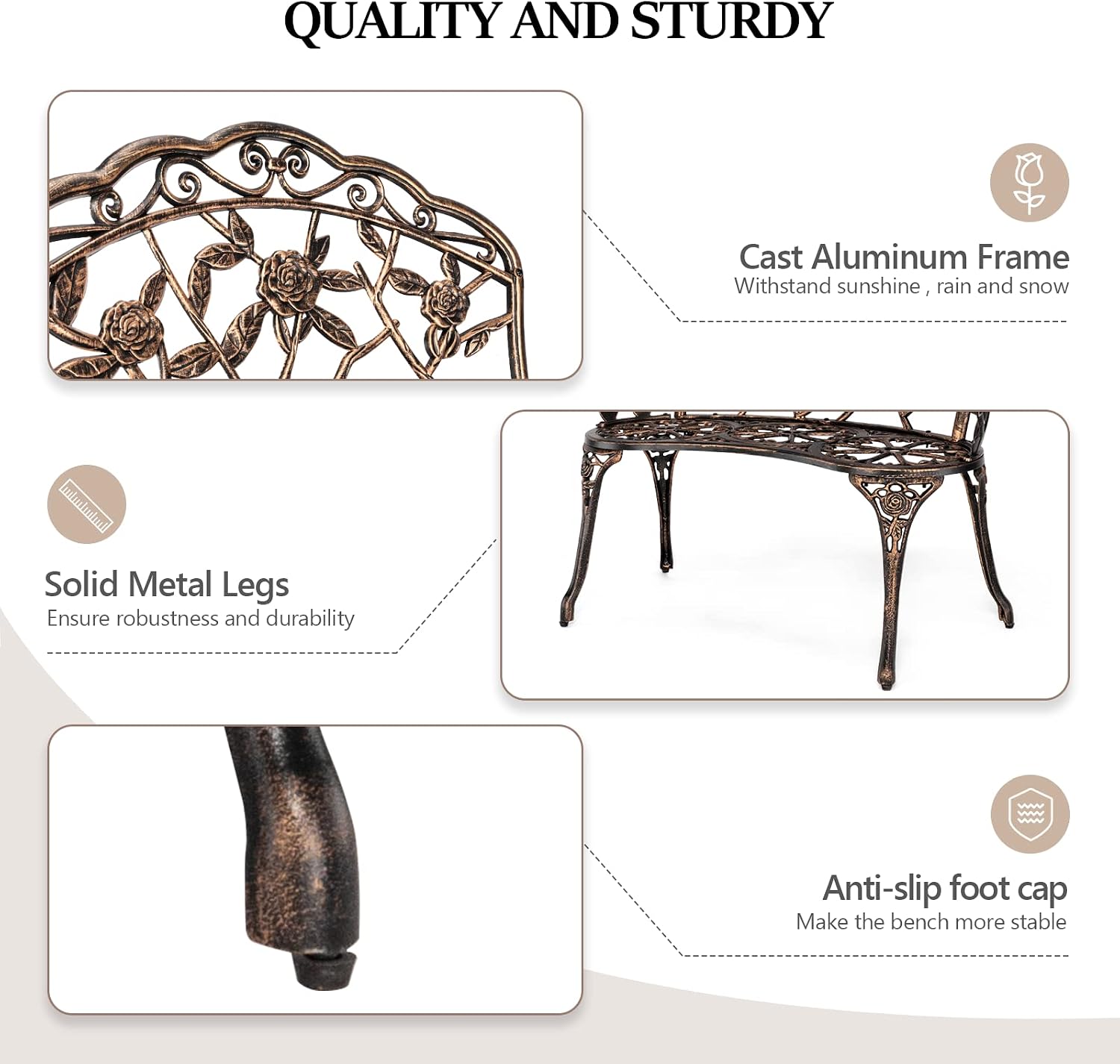 VINGLI 38.5" Patio Park Garden Outdoor Metal Rose Bench, 2-Person Cast Iron Cast Aluminium Frame Antique Finish Chair,Accented Lawn Front Porch Path Yard Decor Deck Furniture (Bronze, Rose)