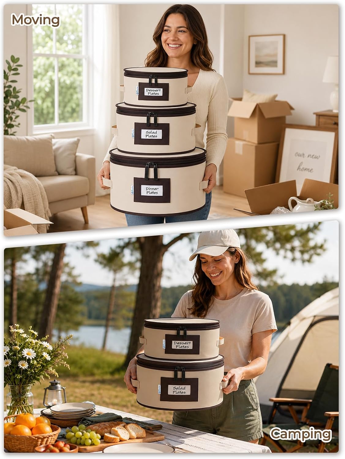 China Storage Containers, 4-Pack Hard Shell Plate & Dish Cases for Moving | Padded dividers and quilted lining protect plates and dishes; stackable for moving and holiday storage, beige hold set of 12