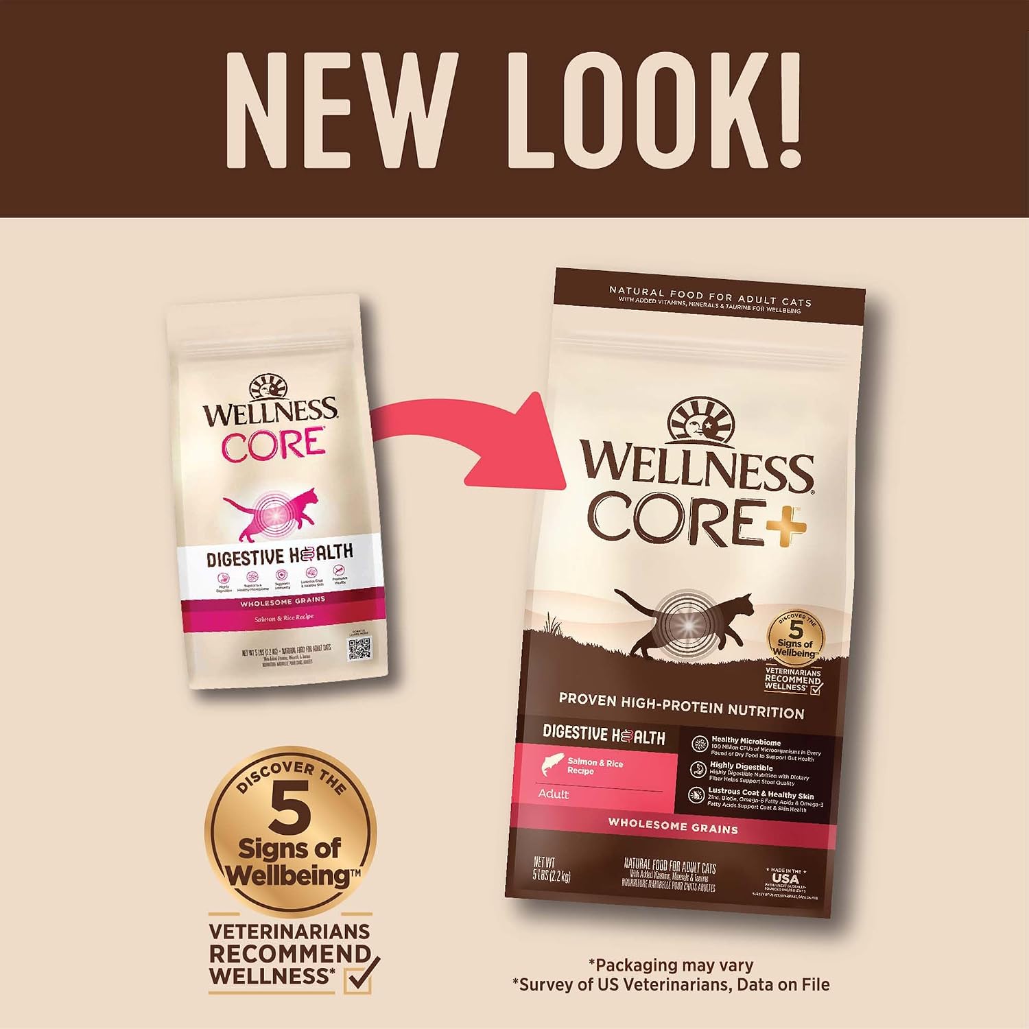 Wellness CORE+ Adult Dry Cat Food, Natural, Wholesome Grains Kibble, Digestive Health Chicken and Rice Recipe, 5 lb Bag