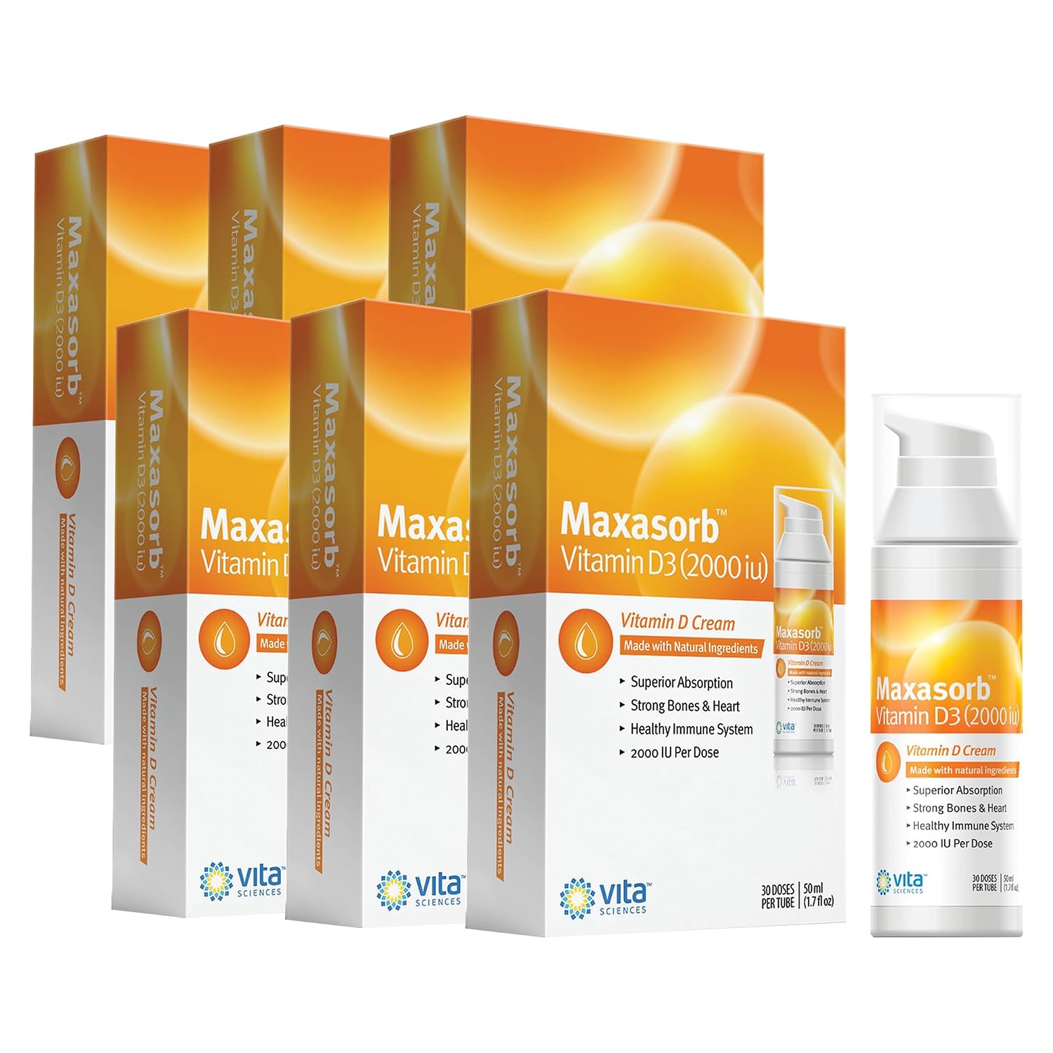 Vita Sciences Maxasorb Vitamin D3 Cream 2,000 IU, Topical Formula - 1.7 Oz | Delivers 2,000 IU of Topical Vitamin D3 Cream Per Pump - Fast-absorbing, Non-greasy, Paraben-Free Daily Skin Moisturizer.