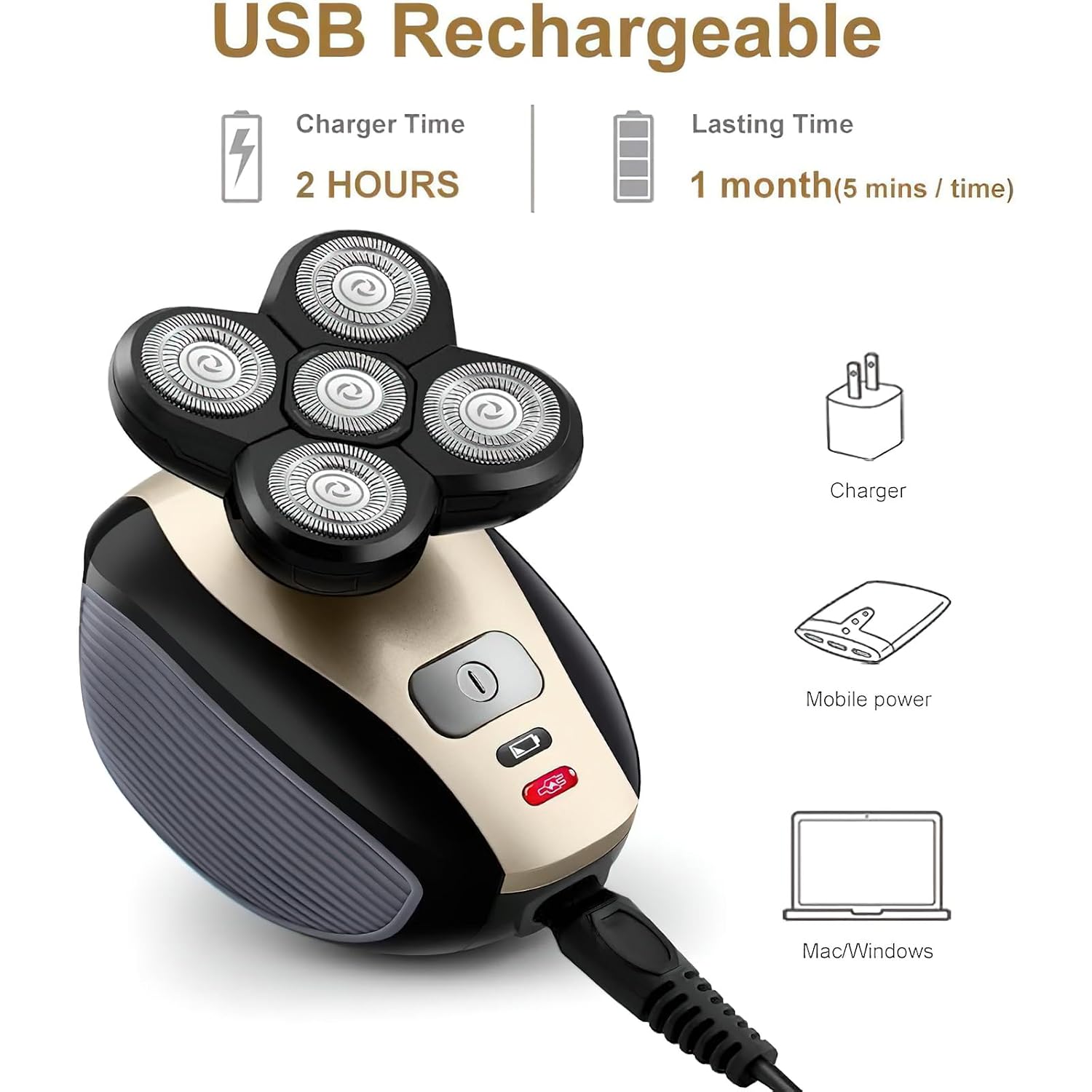 Bald Shavers for Men - Telfun Upgrade 5-in-1 Electric Head Shavers for Bald Men, 100% Waterproof Cordless Razor, Wet/Dry Shaving, 5 Dual Track Heads