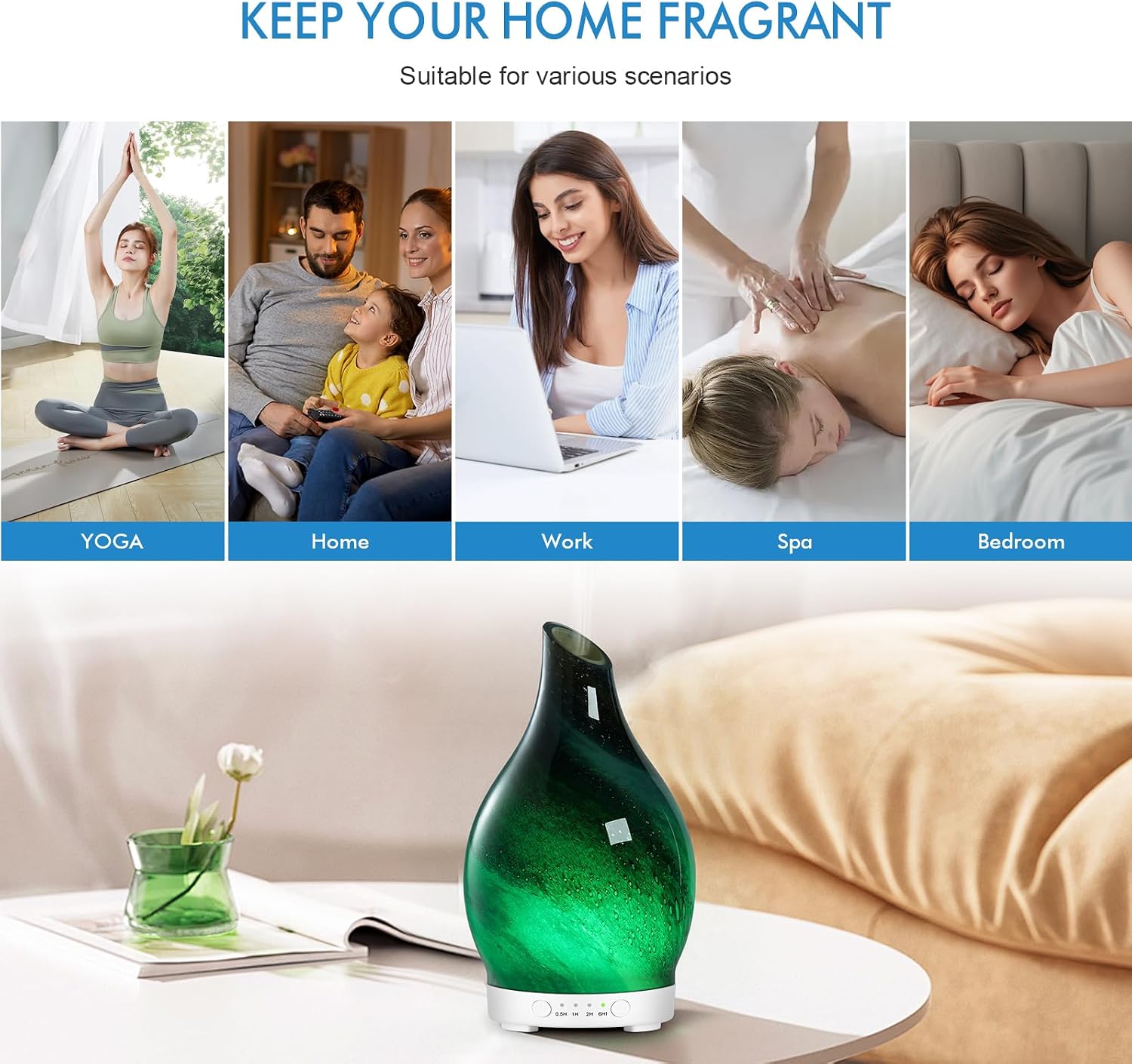 Aromatherapy Essential Oil Diffuser for Home- Art Glass Diffuser for Essential Oils with Waterless Auto Shut-Off 4 Timer 7 Colors LED Night Light