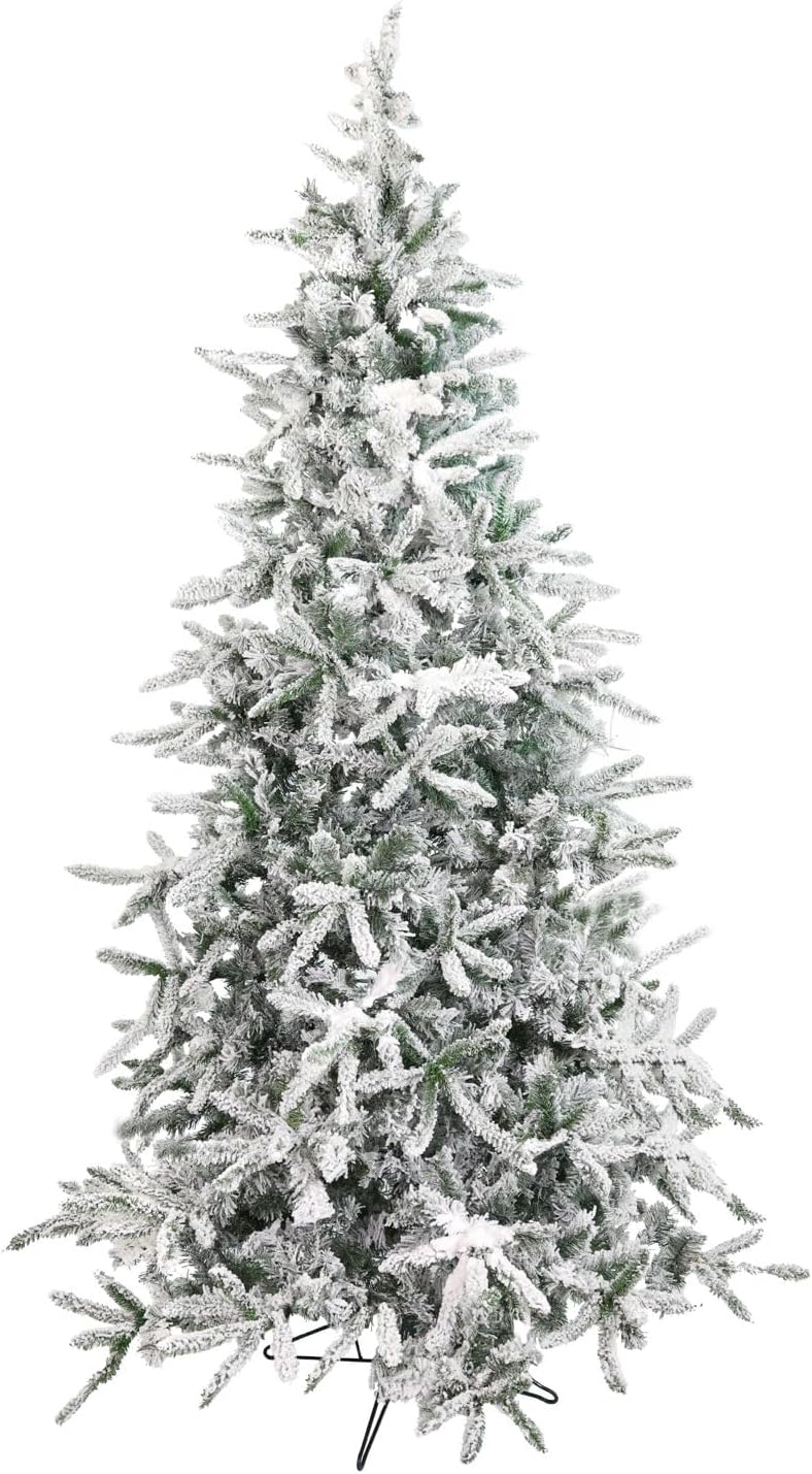 Fraser Hill Farm 7.5-Ft. Mountain Pine Flocked Artificial Christmas Tree with Stand, Unlit Foldable Fake Tree with Realistic Snowy Foliage for Home Decoration
