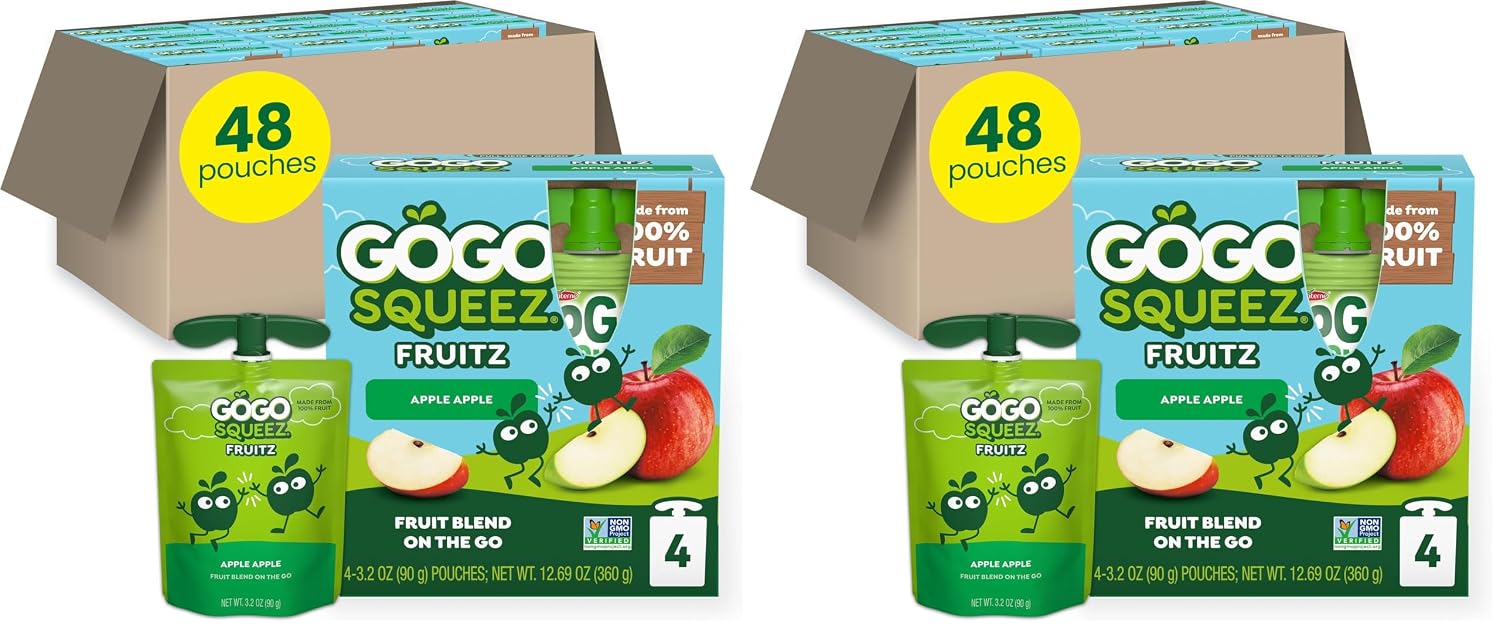 GoGo squeeZ No Sugar Added Applesauce, Apple Apple, 3.2 oz, 48 Count | Kids on the go fruit snack made with applesauce & fruit puree; 3.2 oz pouches, gluten and nut free, recloseable cap, BPA-free