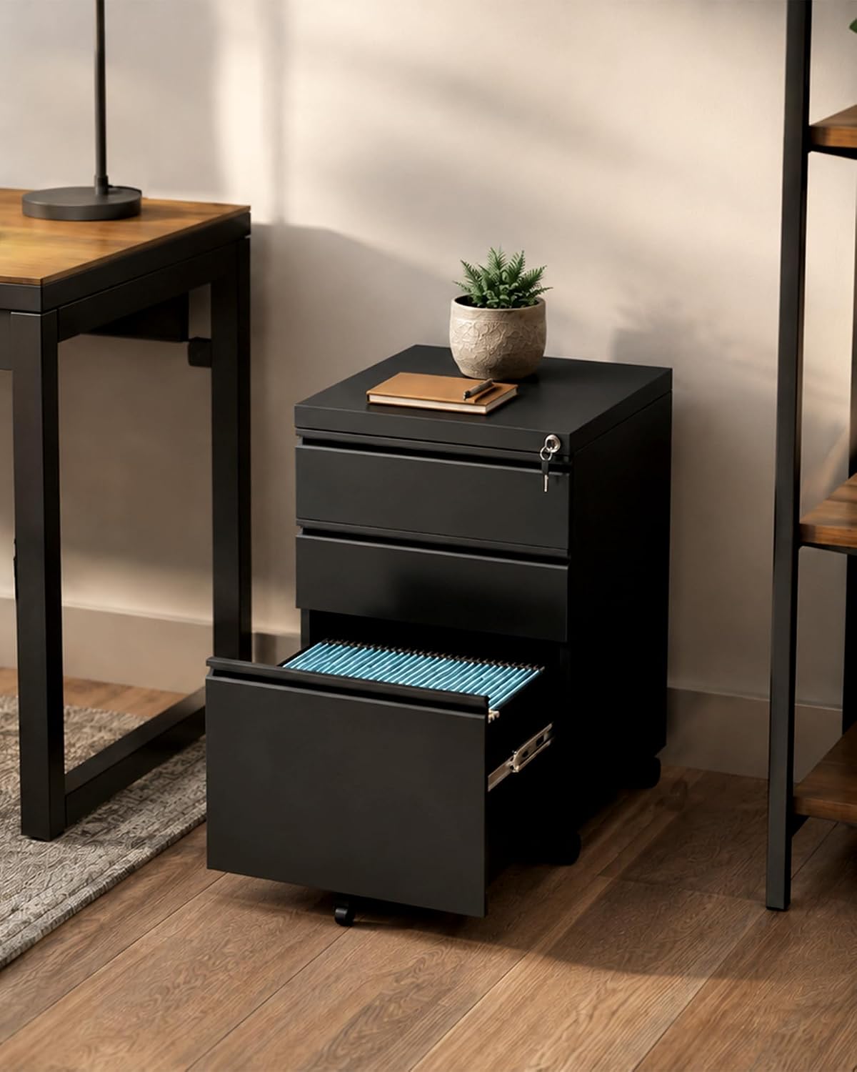 3 Drawer Mobile File Cabinet with Lock, Under Desk Metal Filing Cabinet for Letter/Legal/A4 Size, Fully Assembled Except Casters, Rolling Office Organizer for Home Office, Black