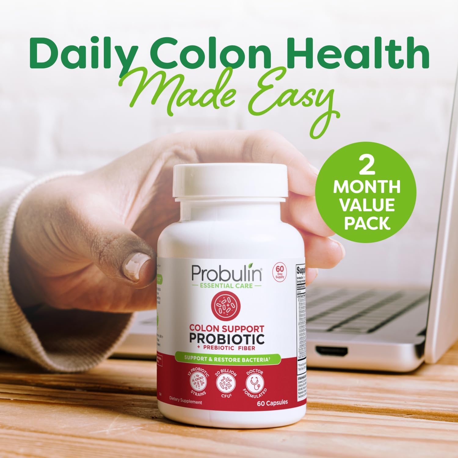 Probulin Colon Support Daily Probiotic + Prebiotic + Support Gut Health, Occasional Gas and Bloating - 20 Billion CFU - 12 Strains, 30 Vegan Capsules