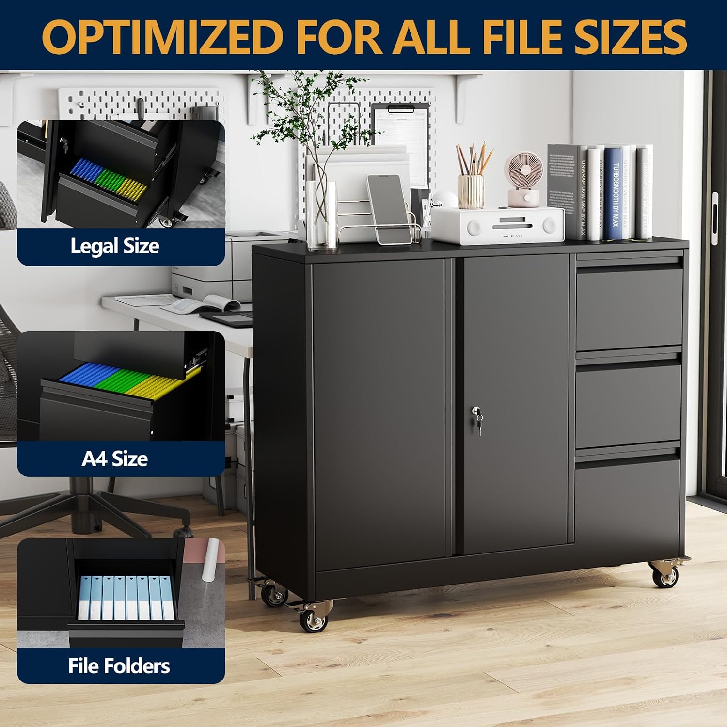 3 Drawer File Cabinet, Office Mobile Filing Cabinet, Printer Stand | All-in-One Office Storage, 3 Storage Drawers, 2 Adjustable Shelves, Lockable Cabinet, 4 Casters, 46.5-Inch Top
