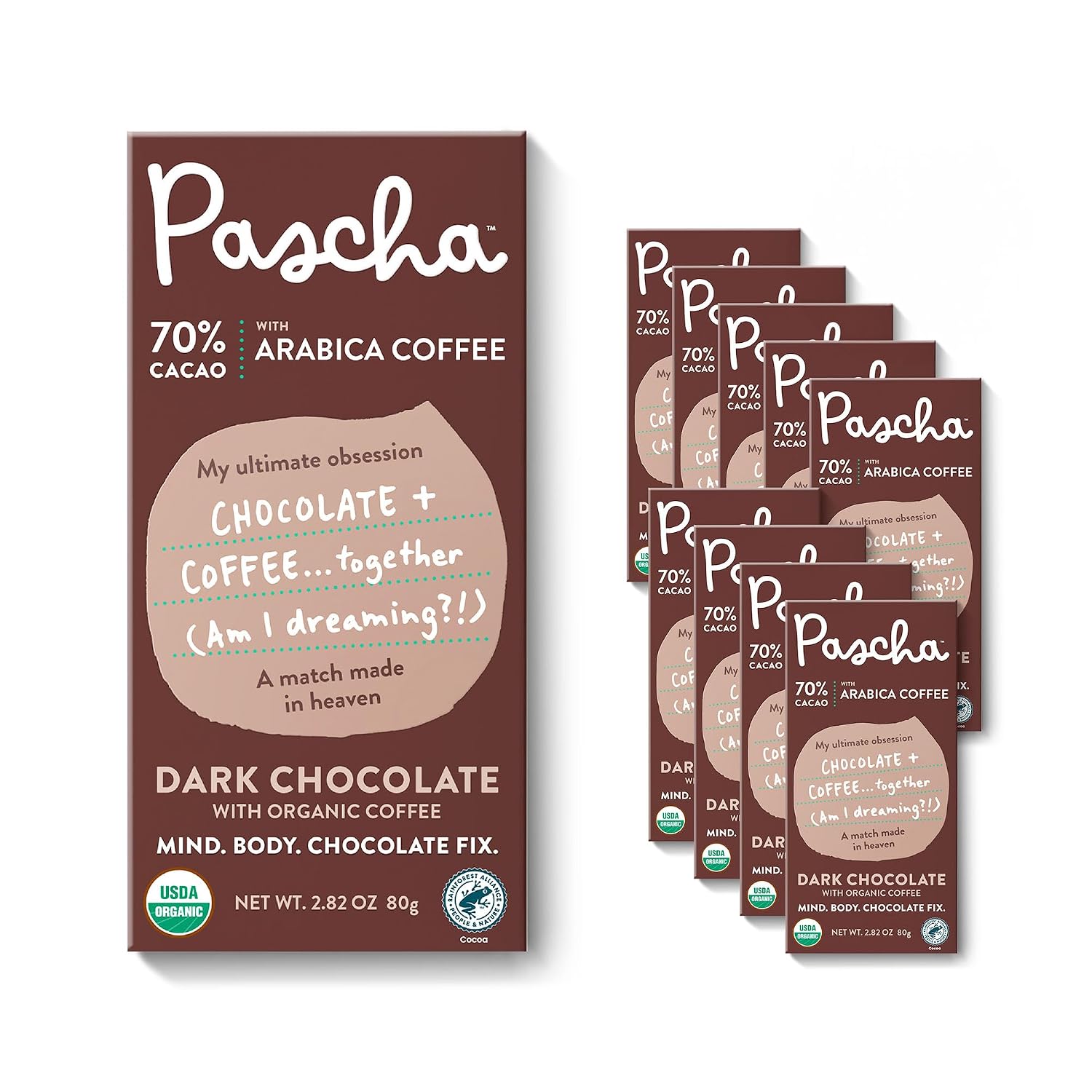 Pascha 85% Cacao Dark Chocolate Bars - Organic, Vegan, 10 Count | Pascha 85% Organic Vegan Dairy Free Dark Chocolate Bars, 10 Count