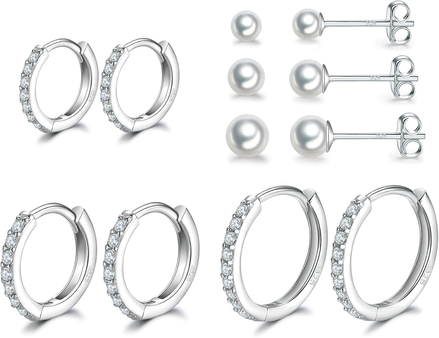 Dlihc 6 Pairs Sterling Silver Hoop and Stud Earrings Set for Women Men