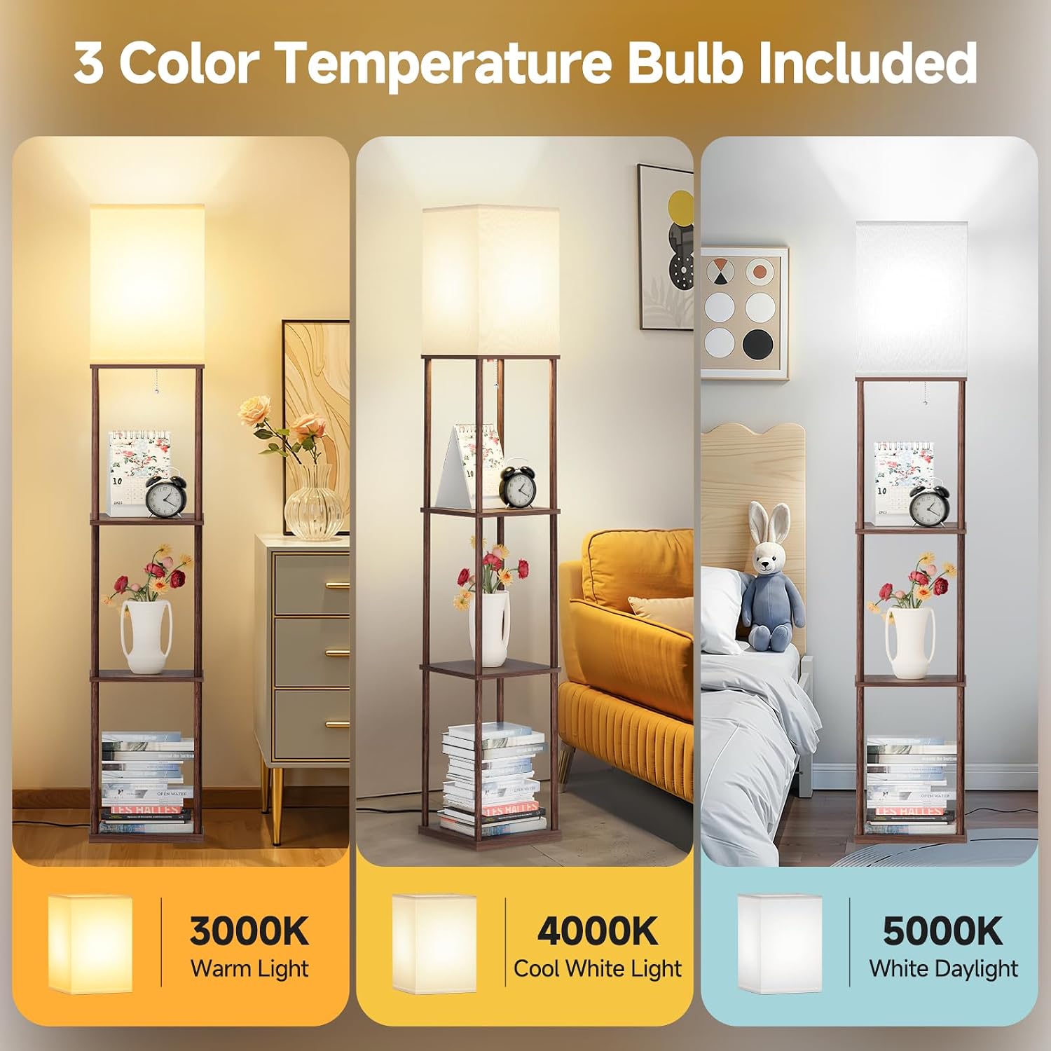 SHINE HAI Floor Lamp with Shelves, 3-Tier Square Modern Shelf Lamp