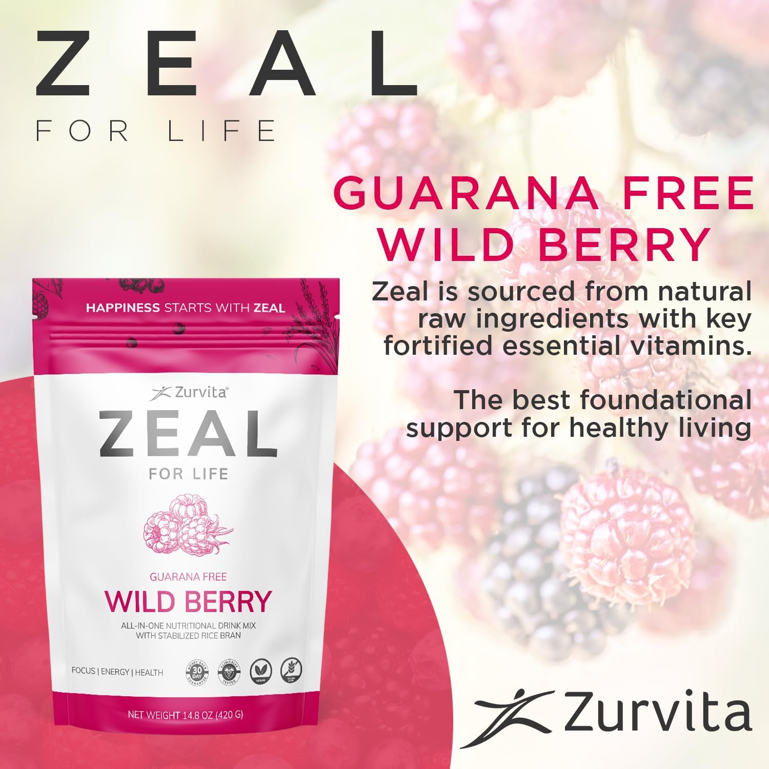 Zurvita - Zeal for Life Wild Berry Wellness Drink Mix - 420 g | Contains Vitamins, Minerals, Antioxidants, Plant Nutrients, Digestive Enzymes, And Phytonutrients For Daily Nutrition