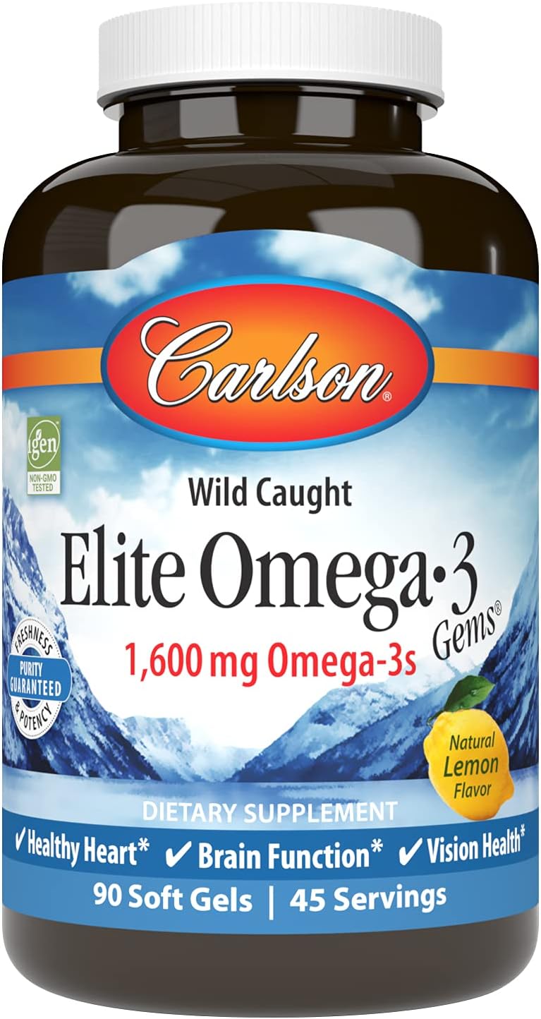Carlson Elite Omega-3 Gems, 1600 mg, from Norway, Lemon, 90 + 30 Softgels | Omega-3 Fatty Acids Including EPA and DHA; Wild-Caught Fish Oil Supplement; Sustainably Sourced Omega 3 Fish Oil Capsules