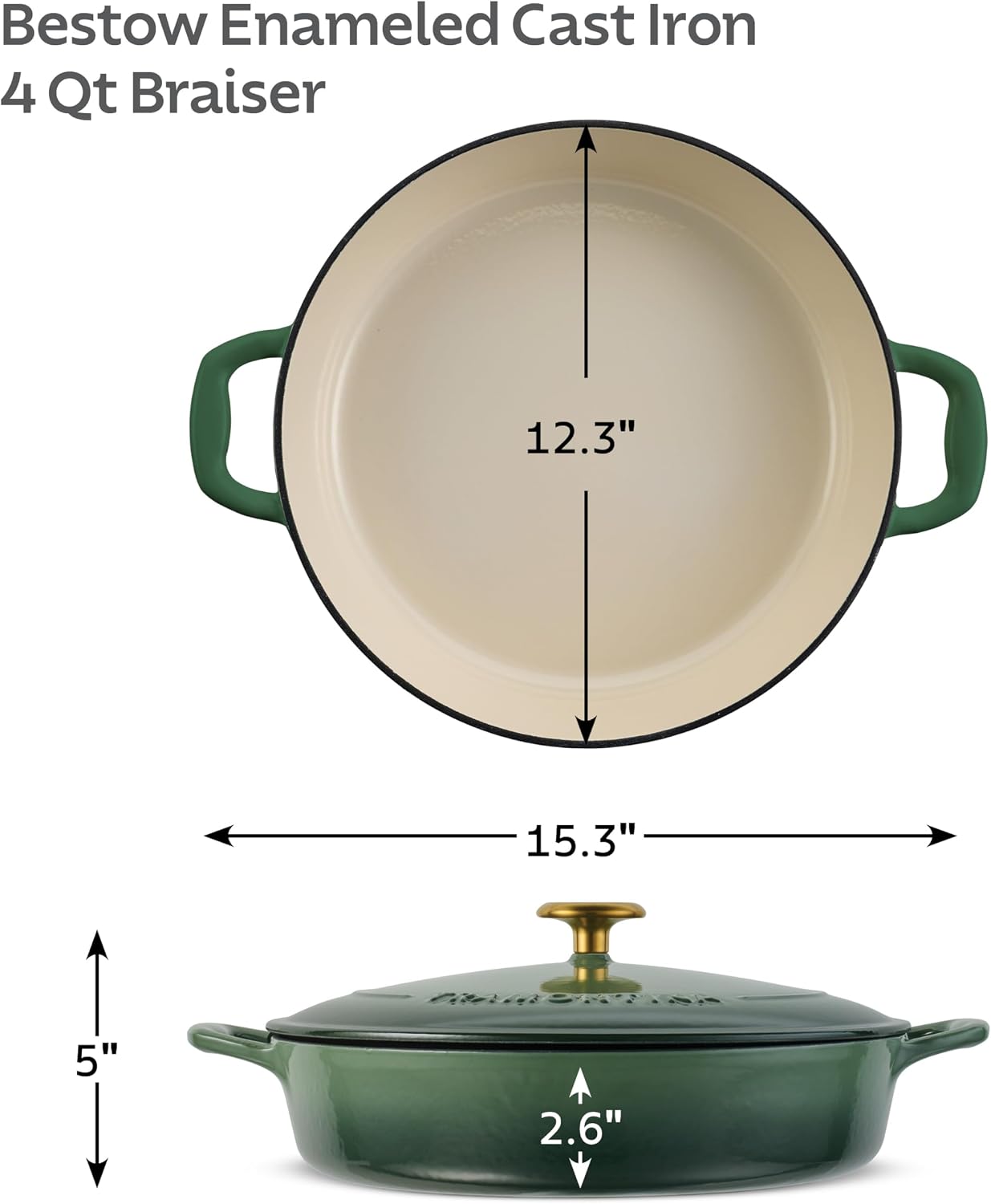 Tramontina Bestow Enameled Cast Iron 4-Qt Braiser Pan with Lid, Blue | Oven-to-Table Casserole Dish, Great for Shallow Braises & Simmers