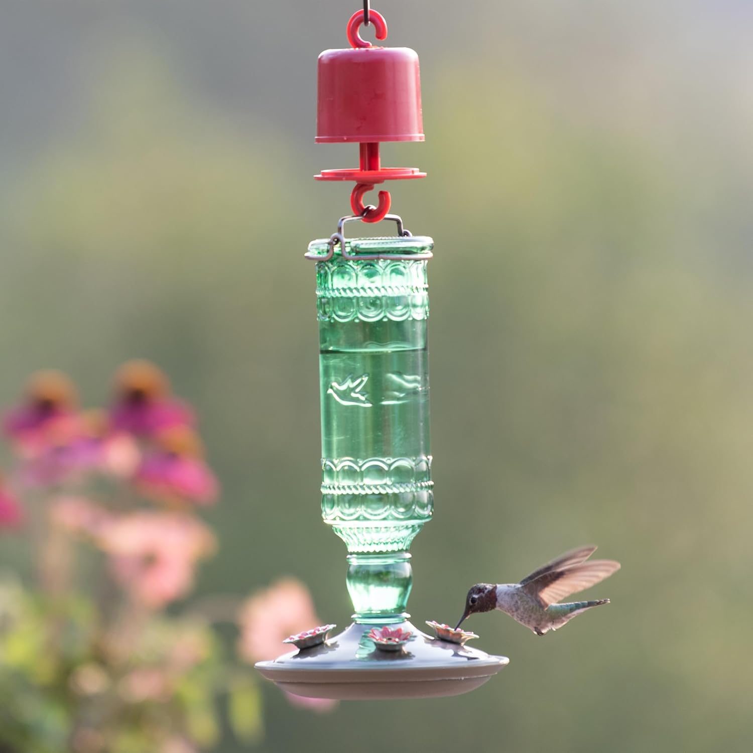 Perky-Pet Antique Glass Bottle Hummingbird Feeder, 10 oz Capacity, Green | 4 Feeding Ports for Outdoors Hanging Bird Feeders, Backyard Garden Décor