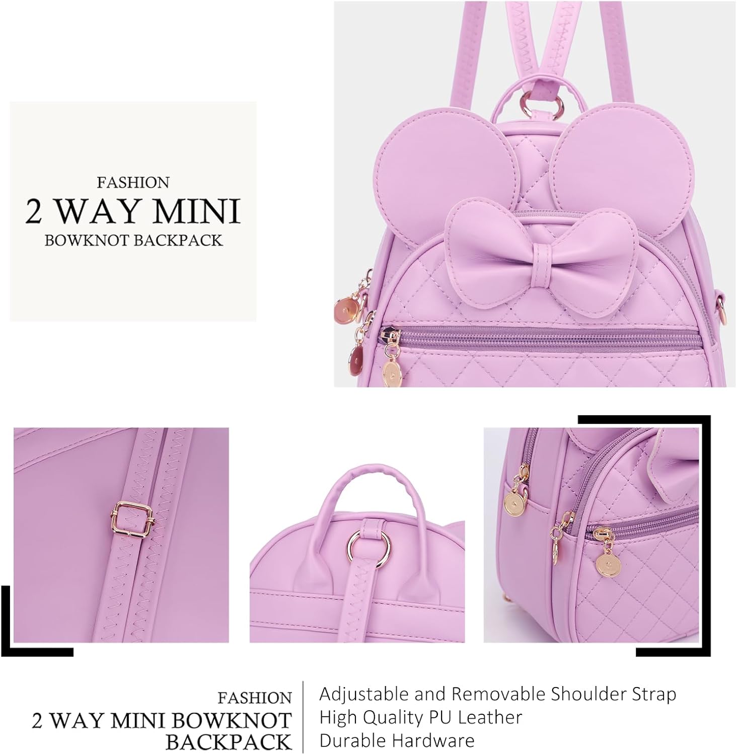 KL928 Girls Mini Backpack Bowknot Polka Dot Cute Small Daypacks Convertible Shoulder Bag Purse for Women