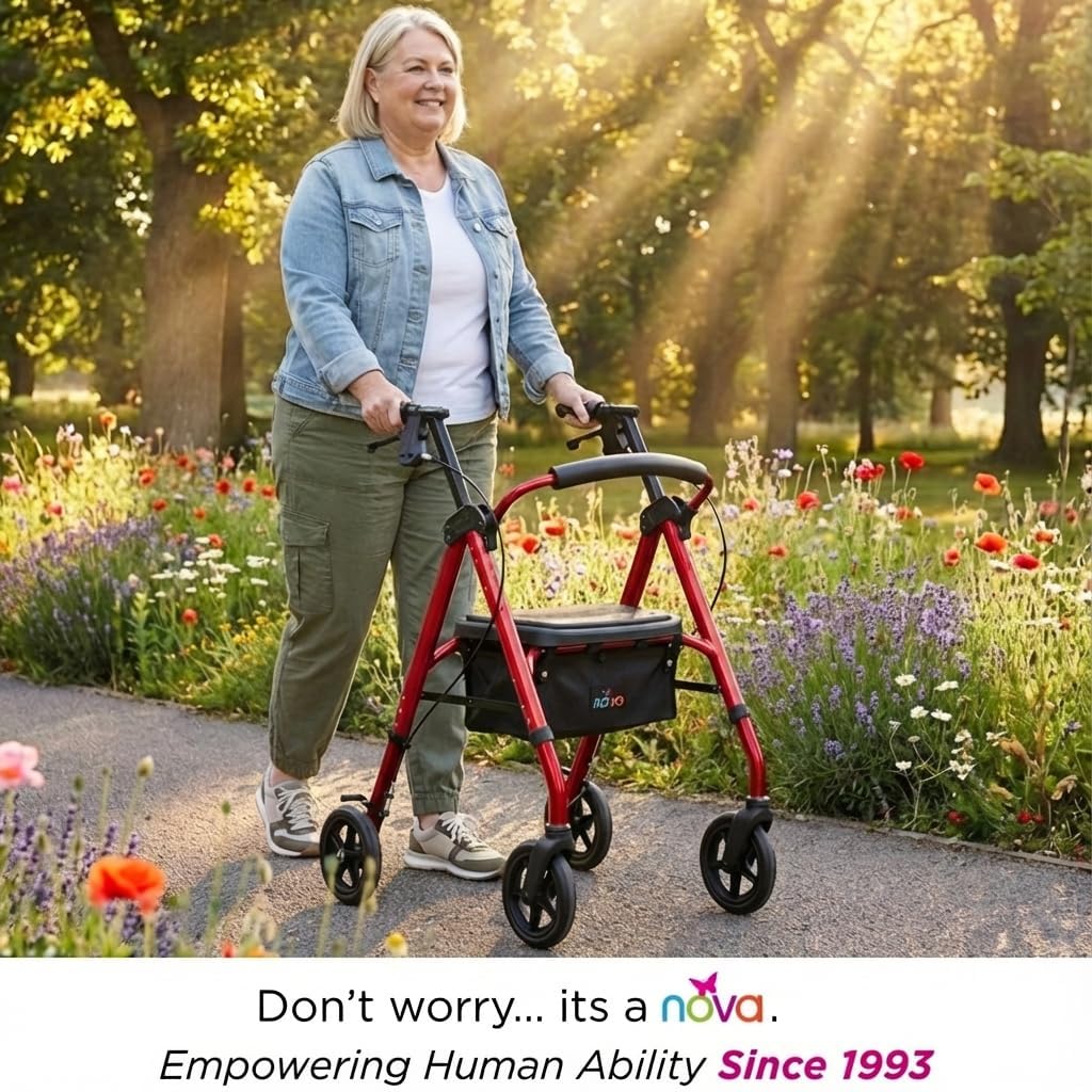 NOVA Star DX Foldable Rollator Walker, Wide Padded Seat, 8” Rugged All-Terrain Wheels, Easy-Grip Locking Hand Brakes, Fold Lock, Height Adjustable