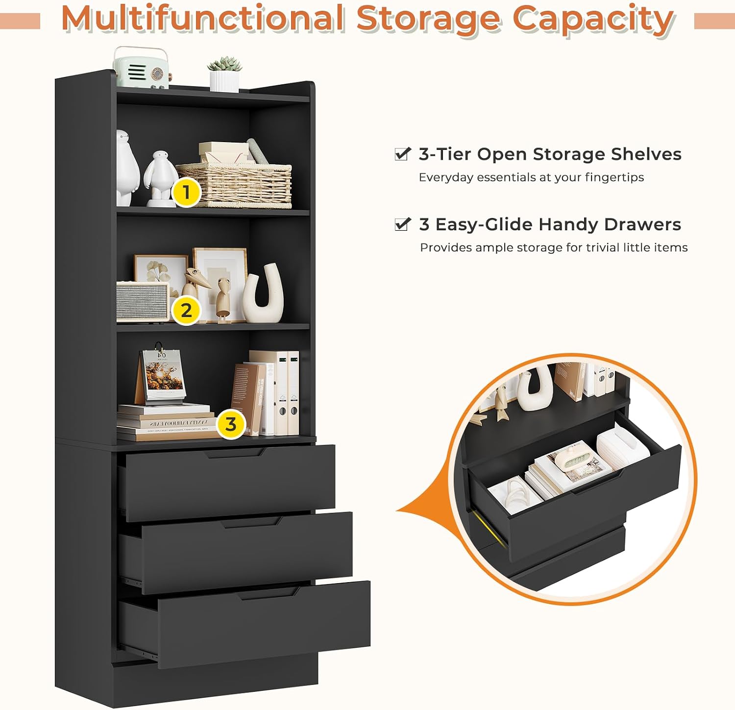 DICTAC 73.23'' Tall Storage Cabinet Bookcase with 3 Drawers and 3-Tier Open Shelves Wooden Bookshelf Kitchen Pantry Storage Organizer Cabinets for Living Room, Study, Kitchen,Bathroom,White