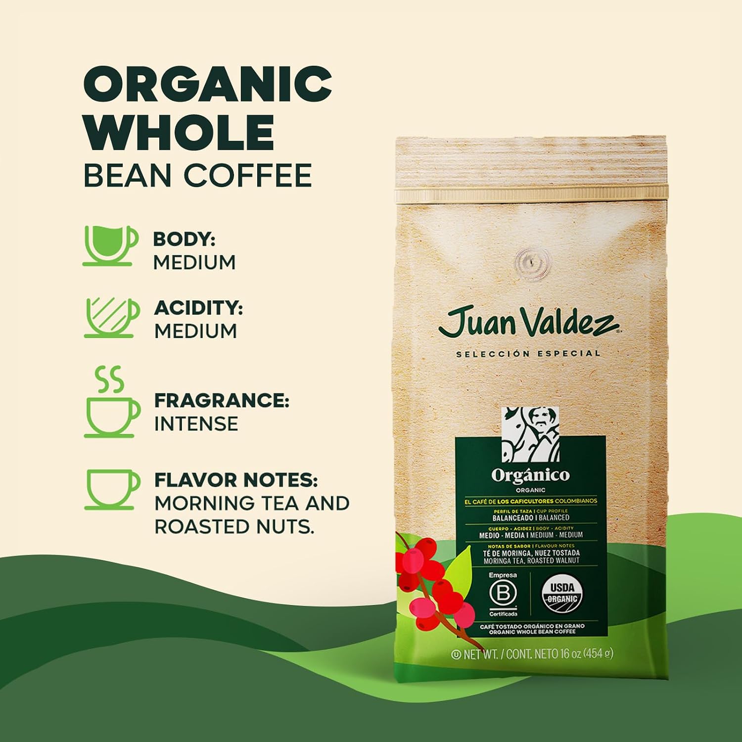 Juan Valdez Organic Whole Bean Coffee - Balanced Roast | 100% Colombian Arabica Beans | 100% Colombian Coffee - Balanced Profile with Moringa &