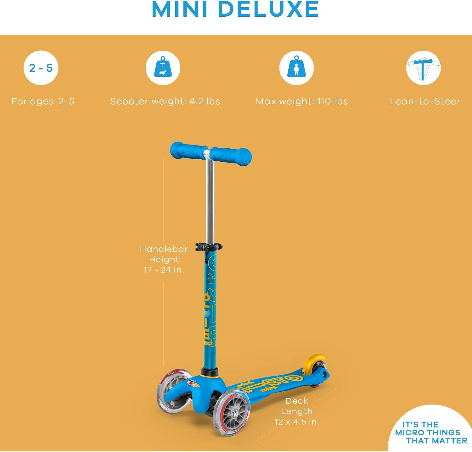 Micro Kickboard | Mini Kids Scooter for Ages 2-5 | Children up to 110 lbs | 3 Wheel Lean-to-Steer Design | Adjustable T Bar | Smooth Ride PU Wheels