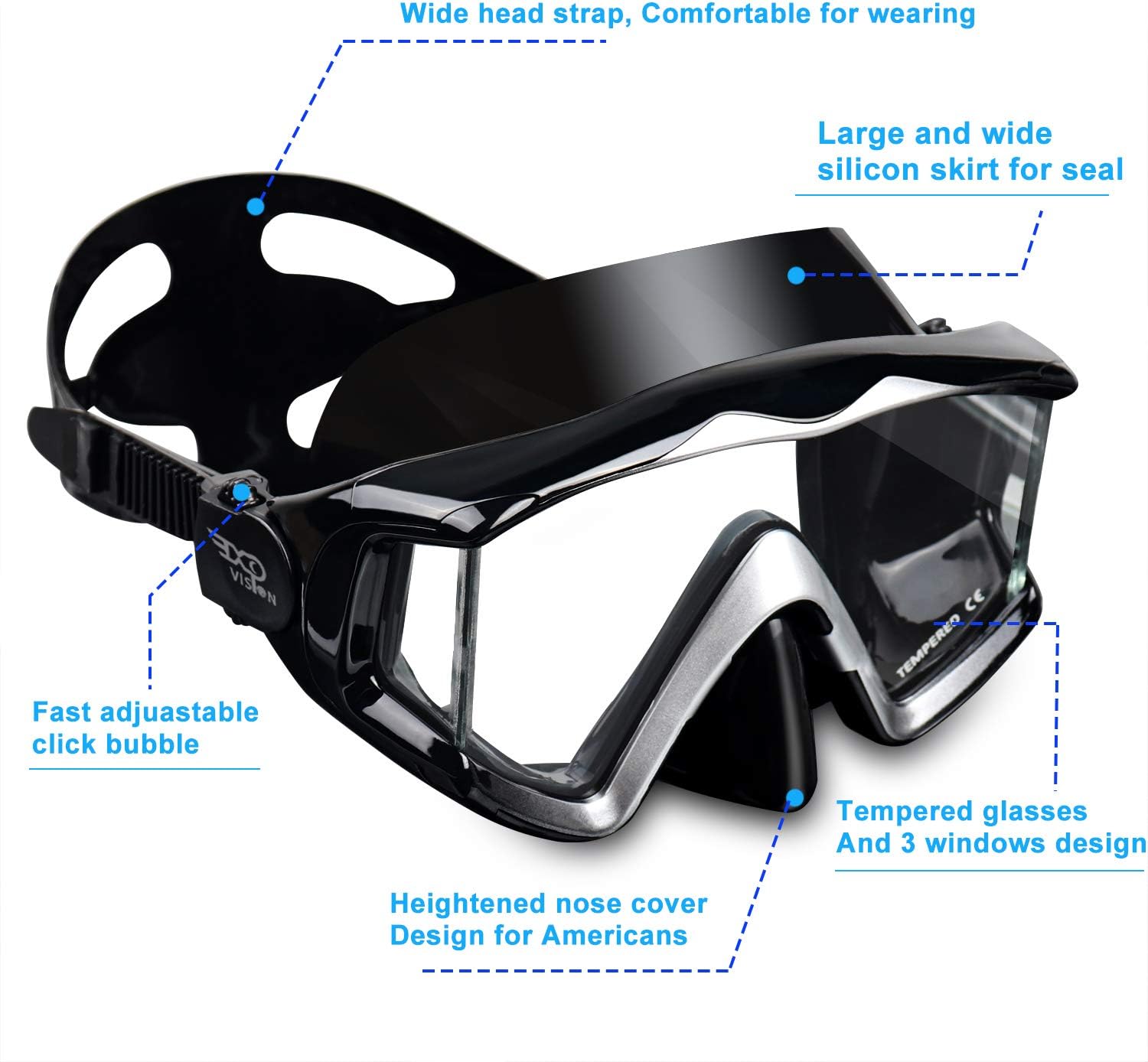Adult Pano 3 Scuba Diving Mask, Tempered Glass Snorkel Mask Anti-Fog Swim Mask No Leakage Swim Goggles with Nose Cover Snorkeling Gear for Snorkeling