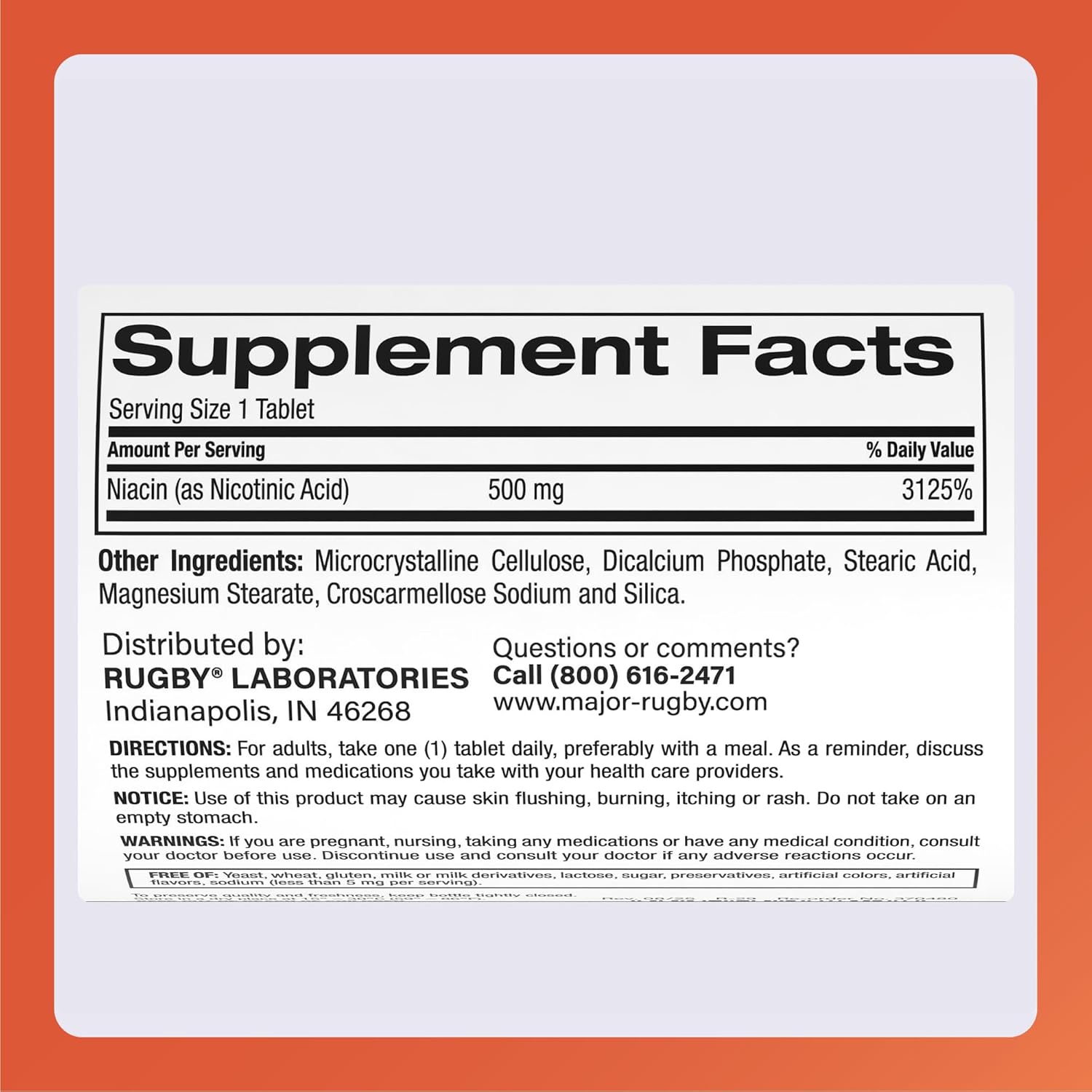 Rugby Niacin 500mg - Vitamin B3 Supplement for Men and Women - 1,000 Tablets (2-Pack)