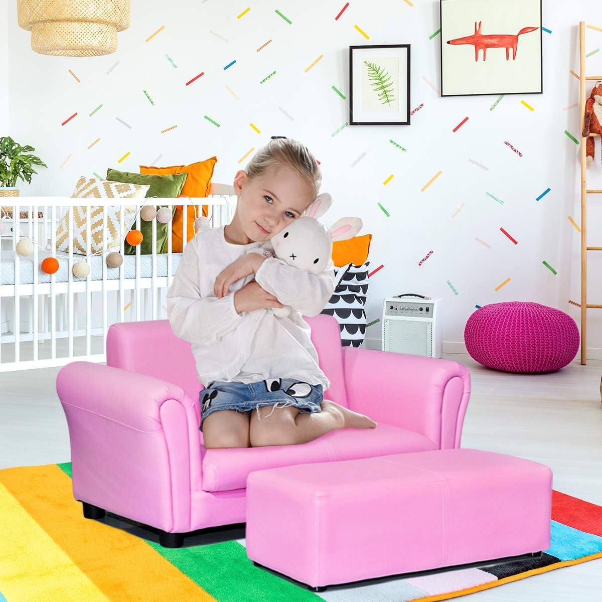 Costzon Kids Couch with Footstool, 2 in 1 Double Seat Children's Sofa w/PU Leather Surface, Armrest Chair Lounge, Soft Kids Sofa for Preschool Bedroom Kids Room Toddlers Boys Girls Birthday (Black)