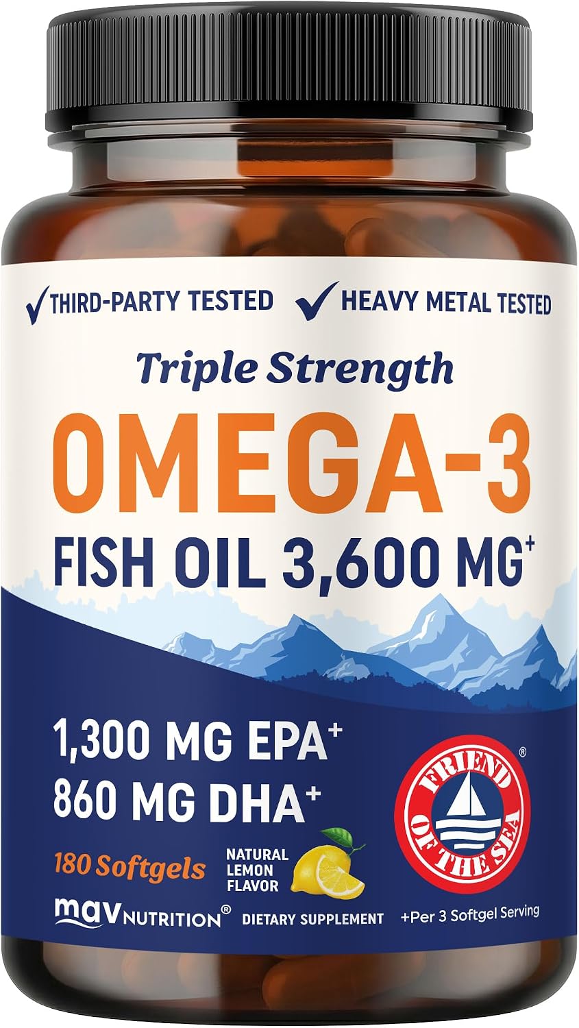 Triple Strength Omega 3 Fish Oil 3600 mg, EPA & DHA, Over 2100mg Omega-3
