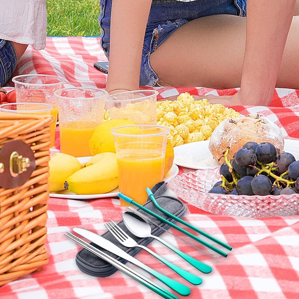 Travel Utensils Set with Case Reusable Portable Cutlery Set Stainless Steel 8pcs Including Dinner Knife Fork Spoon Chopsticks Straws(Rainbow)