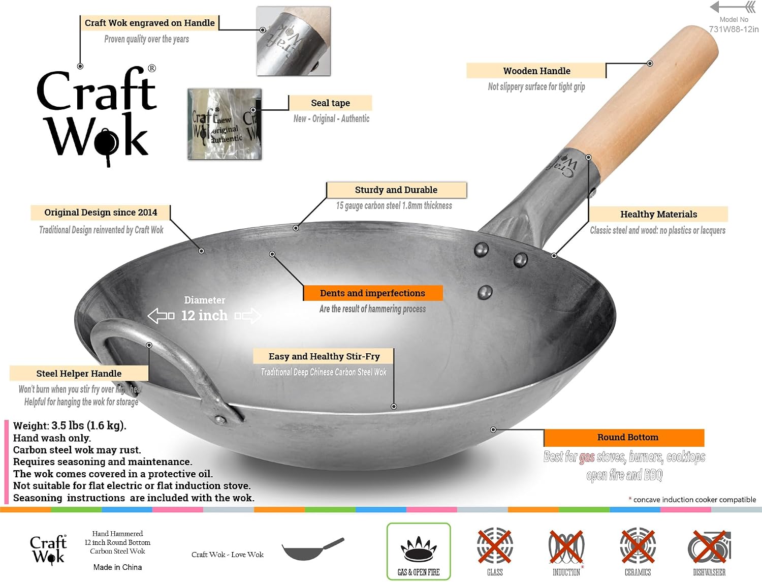 Craft Wok Traditional Hand Hammered Chinese Carbon Steel Wok with Wooden and Steel Helper Handle (14 Inch, Round Bottom Pow Wok Pan) / 731W88