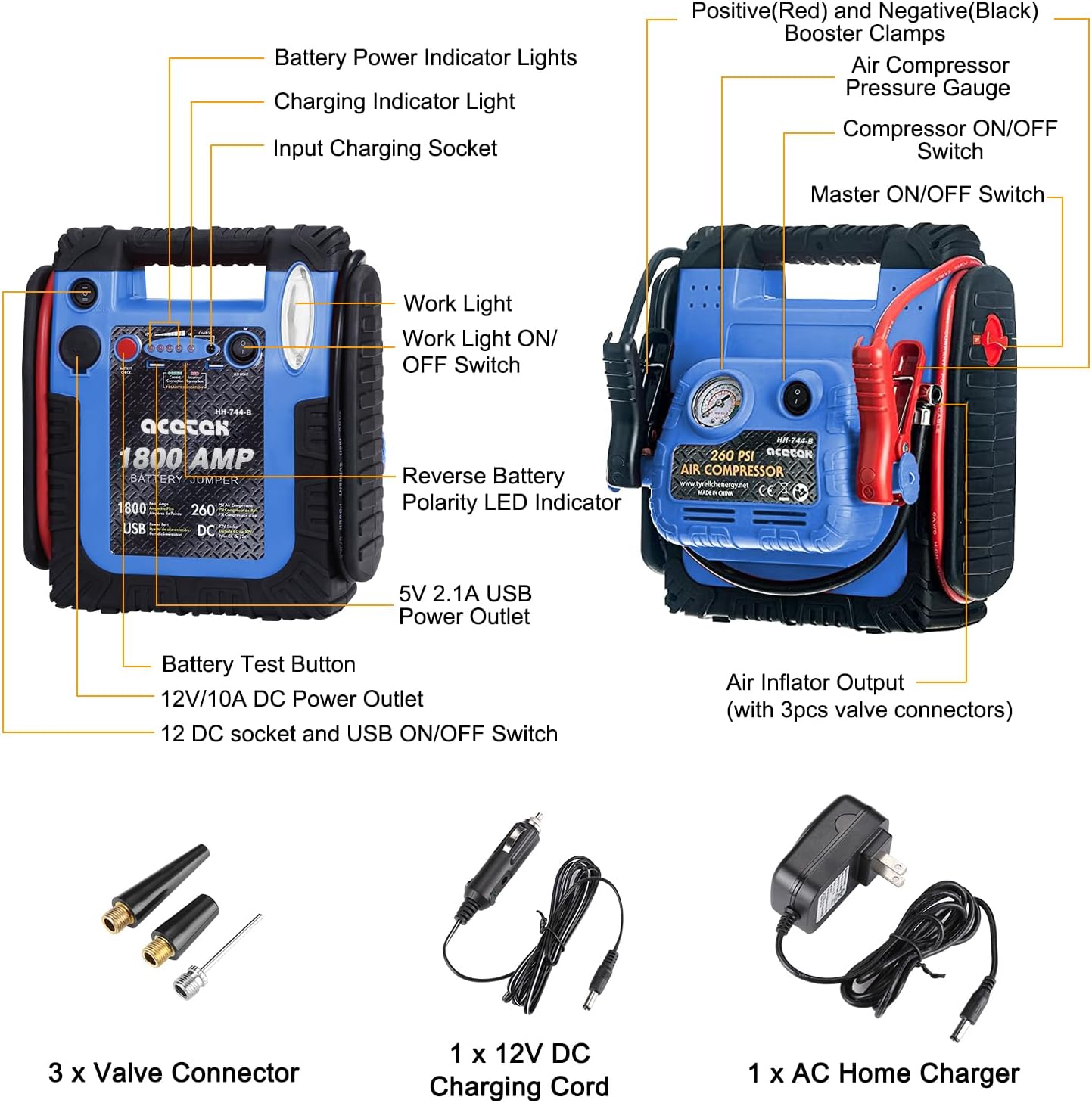 1800 Amp Jump Starter with Air Compressor, acetek Car Battery Jump Starter 260 PSI Tire Inflator