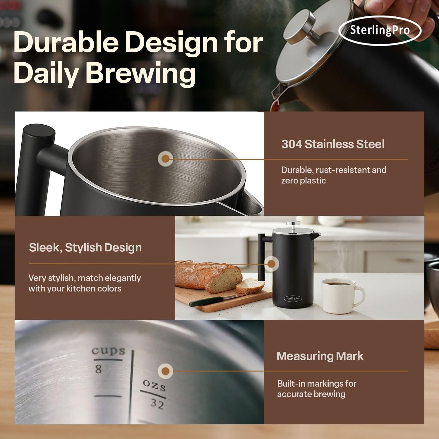 SterlingPro Large Insulated Stainless Steel French Press Coffee Maker 51oz Capacity (44 oz Brew Yield) – Double Wall Metal Coffee Press | Plastic Free | Cool-Touch | Mirror Finish | 12 Cups / 6 Mugs