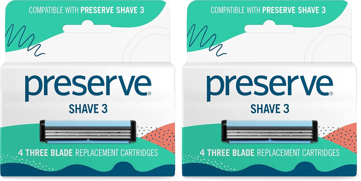 Preserve Shave 3 Razor Blade Refills, Titanium-Coated, Vitamin E, Aloe, 4ct | Unisex Refills for Face & Body; Fits Shave 3 & Triple Razor Handles; Eco-Friendly Paperboard; Cruelty-Free