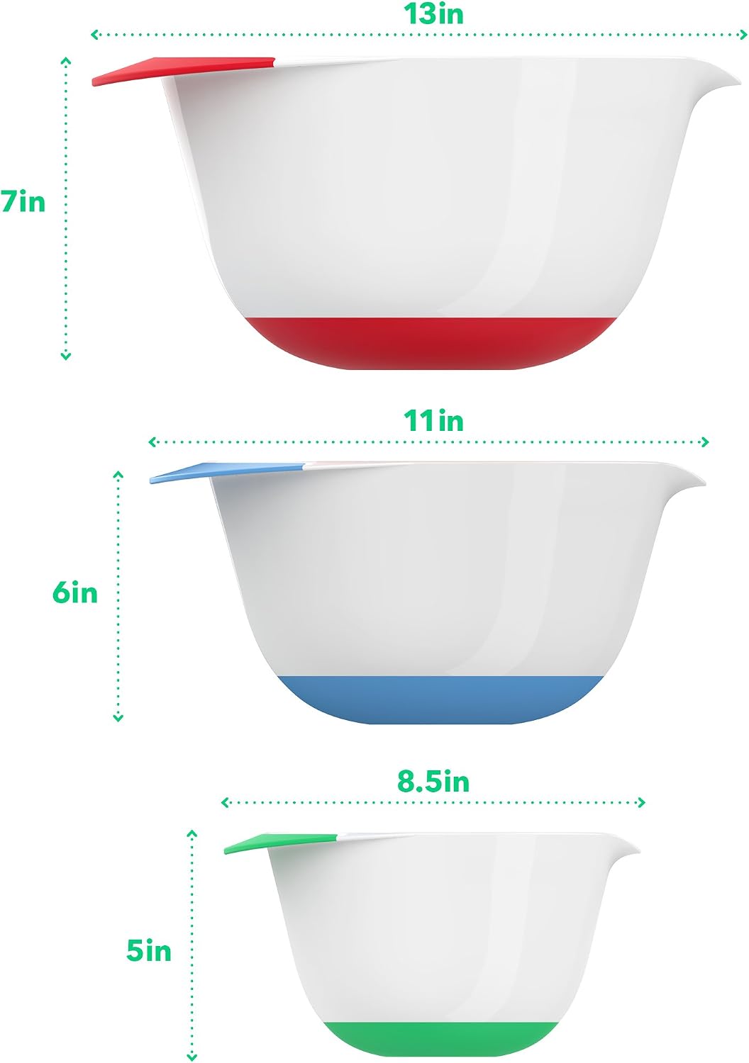 Vremi 3 Piece Plastic Mixing Bowl Set - Nesting Mixing Bowls with Rubber Grip Handles Easy Pour Spout and Non Slip Bottom - Three Sizes Small Large