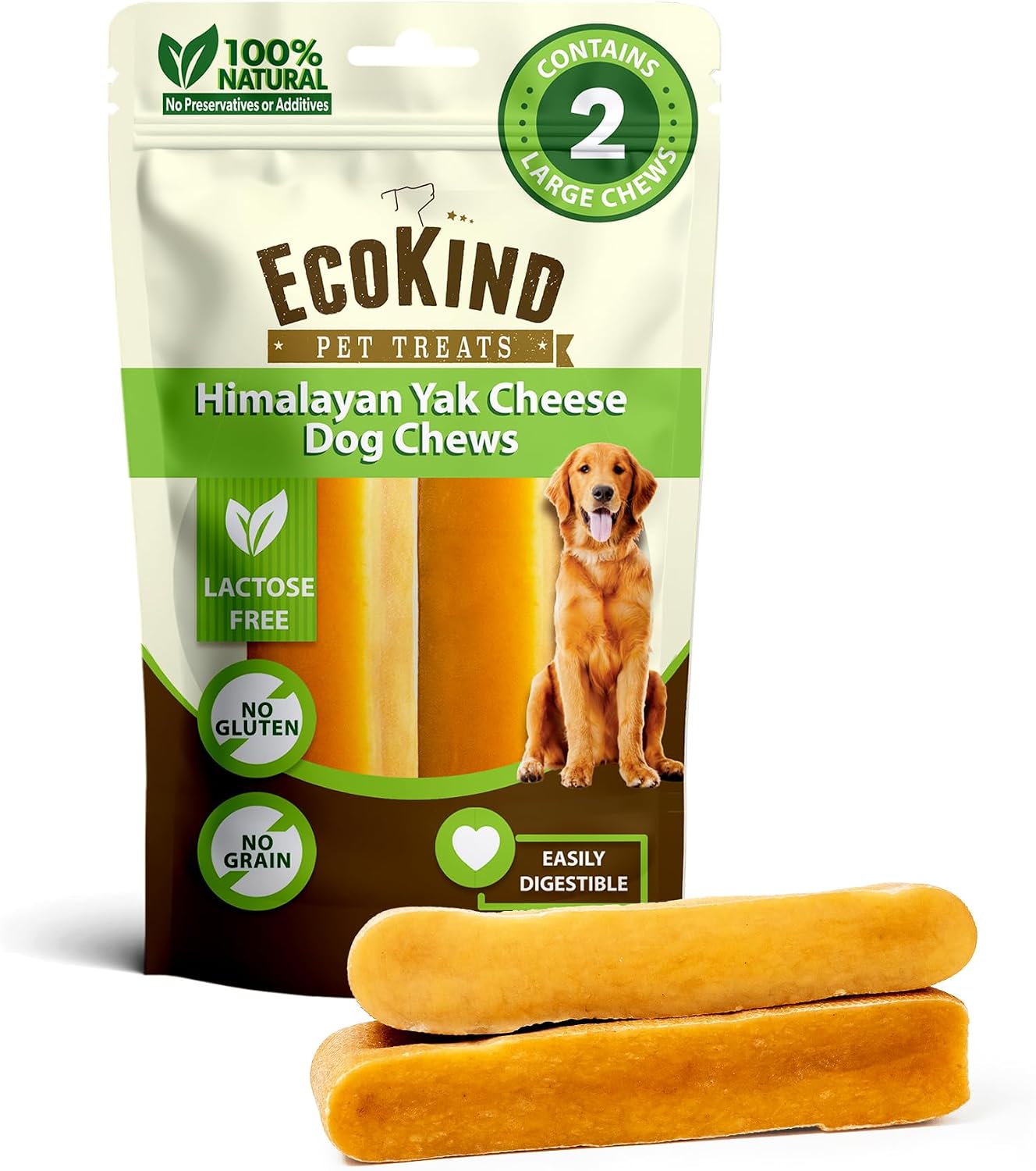 EcoKind Yak Cheese Himalayan Dog Chews, Yak Chews for Large Dogs, 4-5 Bones | 1 Lb, Long Lasting for Aggressive Chewers, Only 3 Ingredient Natural High Protein Dental Dog Treats, No Additives or Lactose