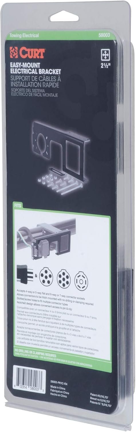 CURT 58003 Easy-Mount Trailer Wiring Bracket for 2-1/2 Inch Receiver, Fits 4 or 5-Way Flat and 6 or 7-Way Round Connector Sockets