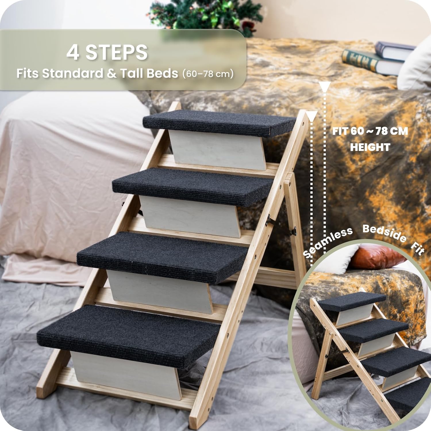MEWANG Wood Pet Stairs & Ramp for Small/Medium Dogs & Cats, Aging Pets – 2-in-1 Foldable, Portable, Non-Slip Pet Ladder for Tall Beds, Couches