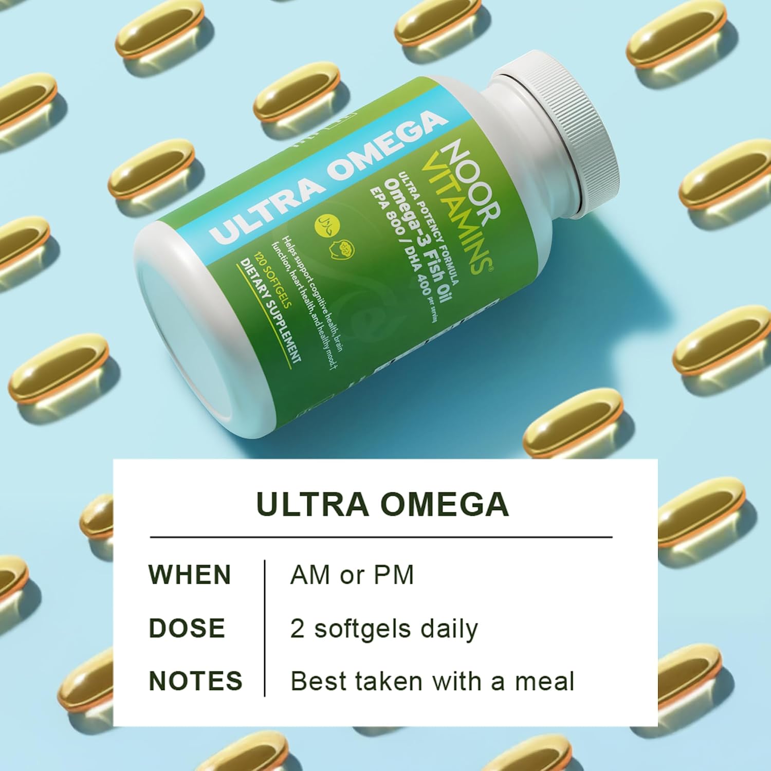Noor Vitamins Halal Fish Oil, Halal Vitamins, Ultra Omega 3 Wild Peruvian Fish (800 mg EPA & 400 mg DHA) Heart, Brain & Joint Support