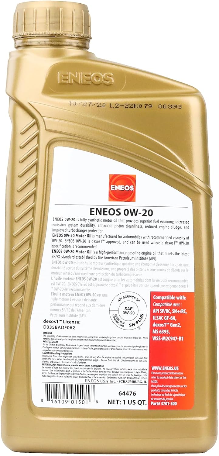 ENEOS 0W-20 Fully Synthetic Motor Oil, API SQ, dexos1 Gen3, 1 Qt