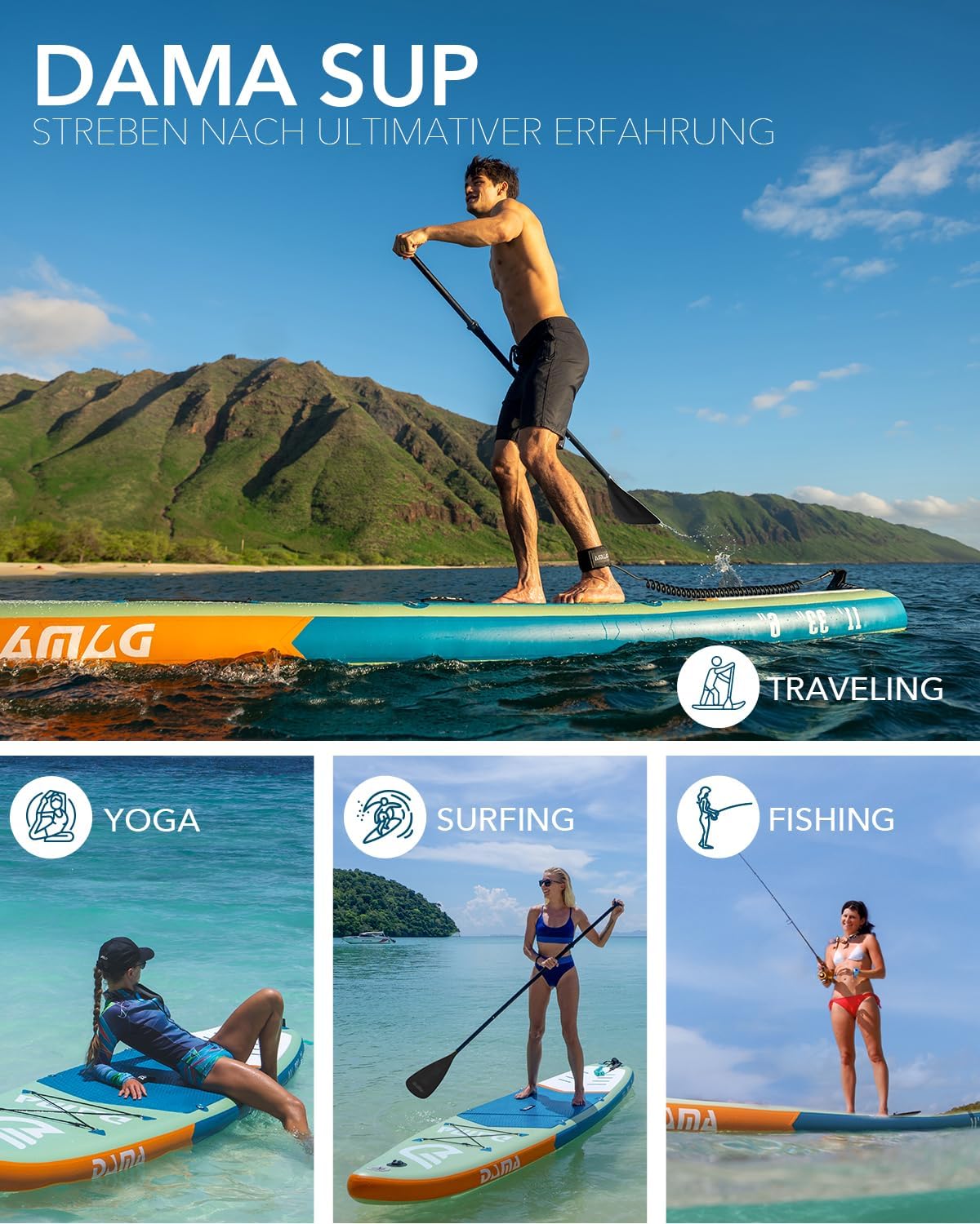 DAMA Inflatable Stand Up Paddle Boards for Adults w/Sup Board Accessories Hand Pump 4pcs Kayak Floating Paddle | Wide Stance